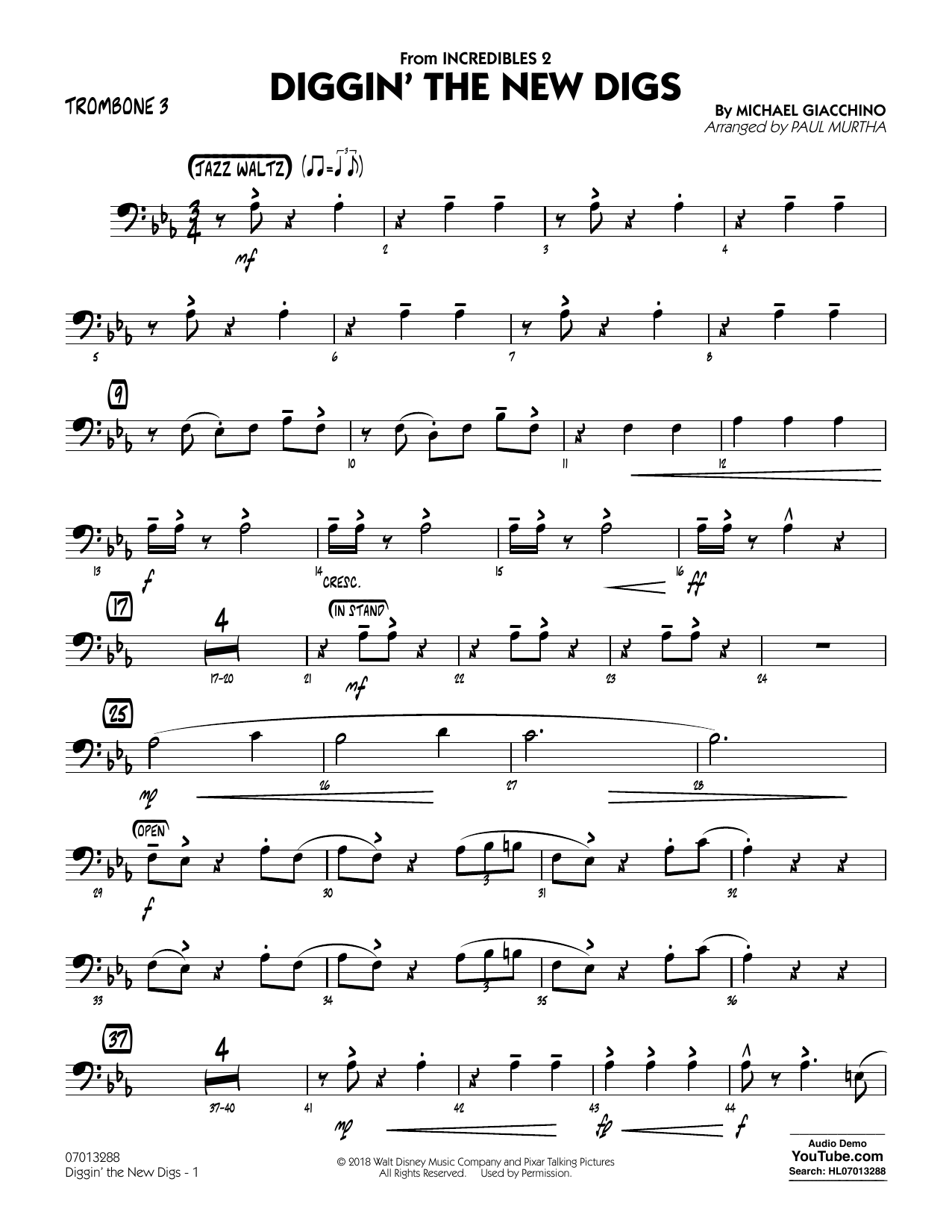 Michael Giacchino Diggin' the New Digs (from Incredibles 2) (arr. Paul Murtha) - Trombone 3 sheet music notes and chords arranged for Jazz Ensemble