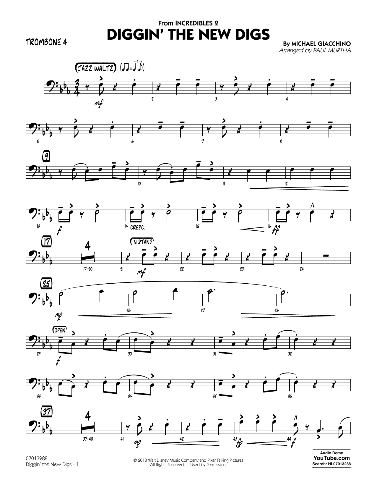 Michael Giacchino Diggin' the New Digs (from Incredibles 2) (arr. Paul Murtha) - Trombone 4 sheet music notes and chords arranged for Jazz Ensemble
