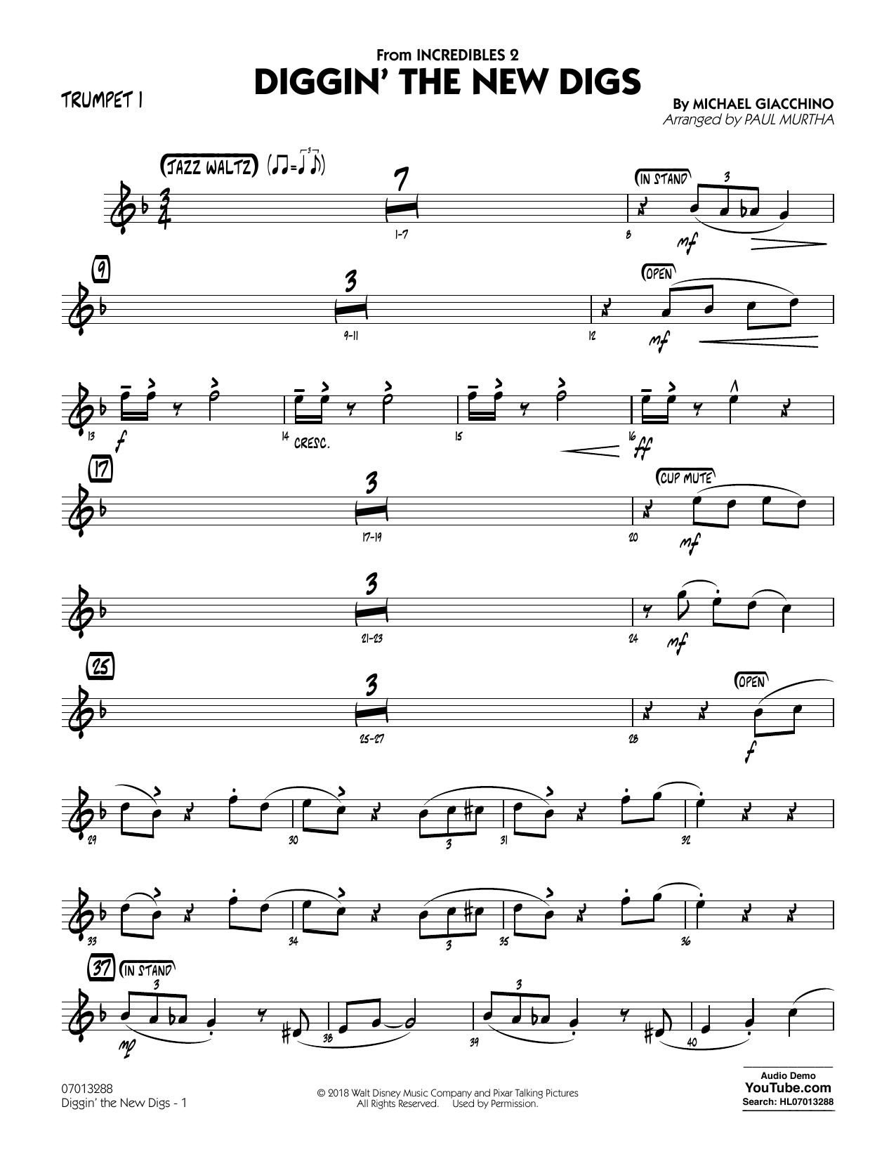 Michael Giacchino Diggin' the New Digs (from Incredibles 2) (arr. Paul Murtha) - Trumpet 1 sheet music notes and chords arranged for Jazz Ensemble