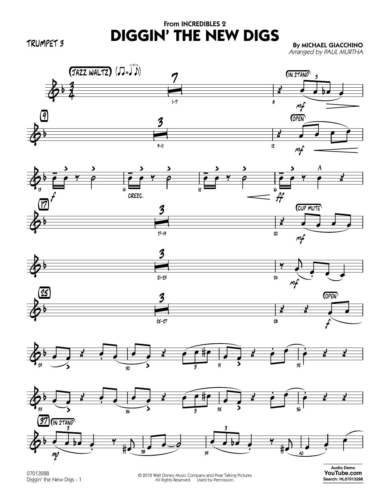 Michael Giacchino Diggin' the New Digs (from Incredibles 2) (arr. Paul Murtha) - Trumpet 3 sheet music notes and chords arranged for Jazz Ensemble
