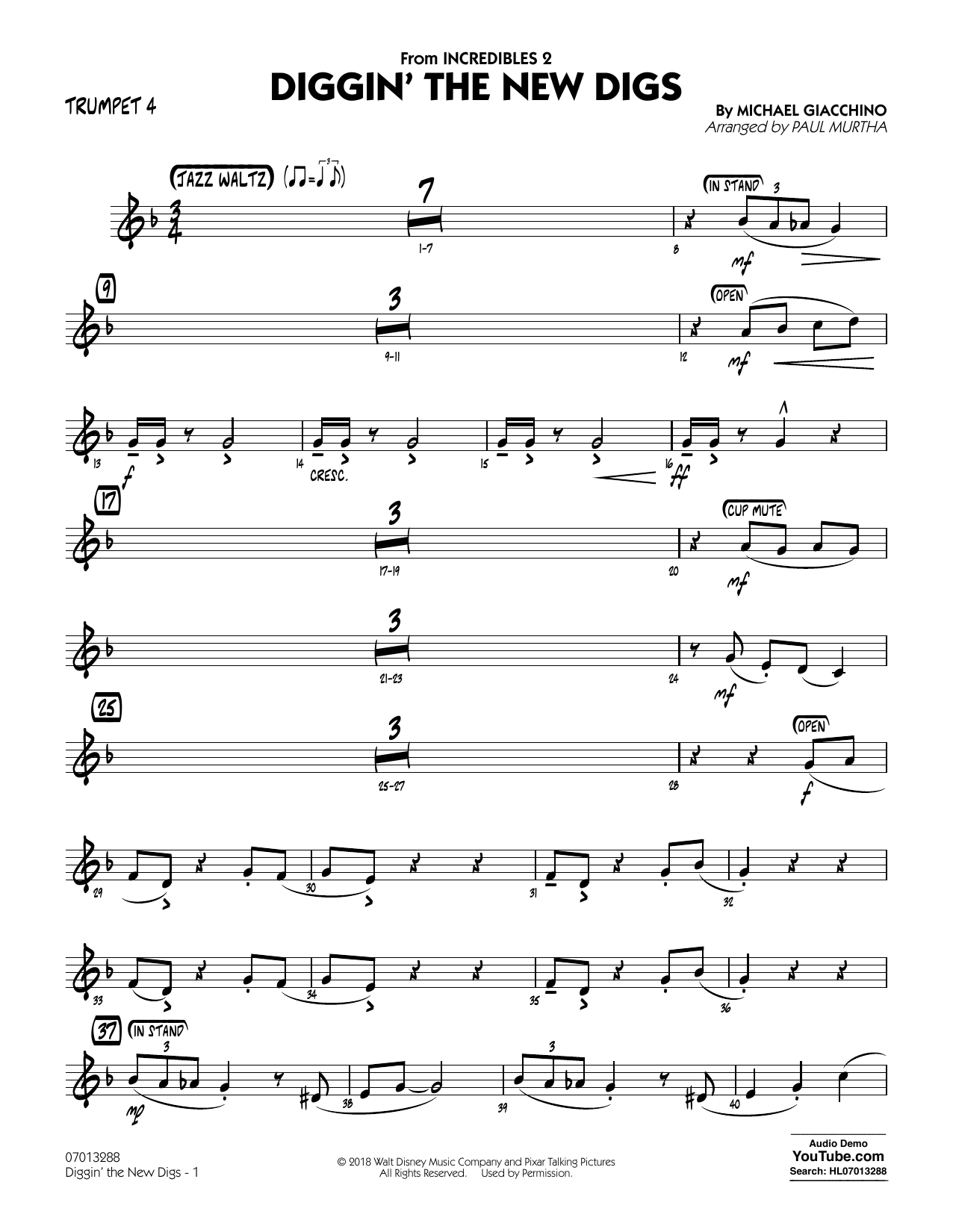 Michael Giacchino Diggin' the New Digs (from Incredibles 2) (arr. Paul Murtha) - Trumpet 4 sheet music notes and chords arranged for Jazz Ensemble
