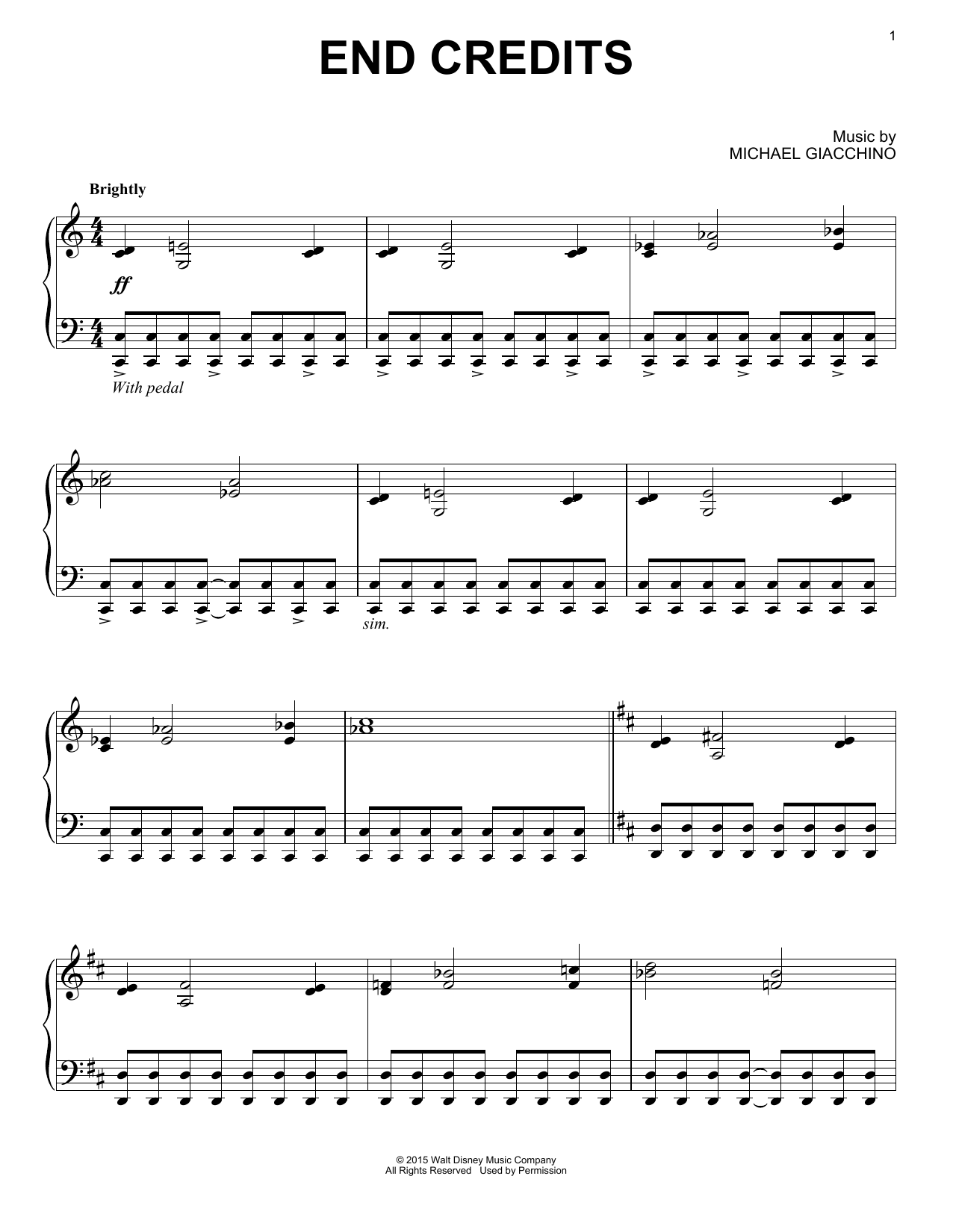 Michael Giacchino End Credits sheet music notes and chords arranged for Piano Solo