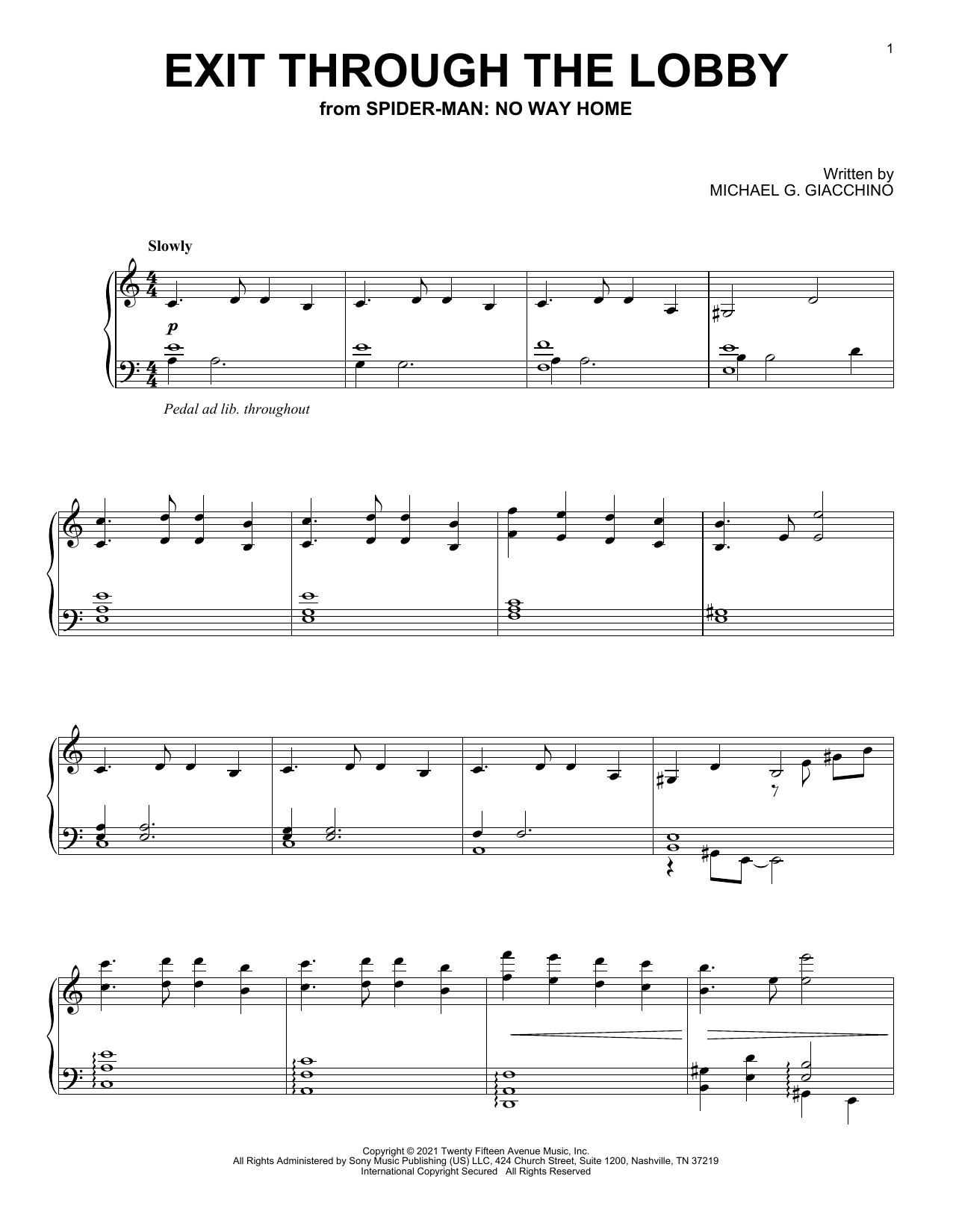 Michael Giacchino Exit Through The Lobby (from Spider-Man: No Way Home) sheet music notes and chords arranged for Piano Solo
