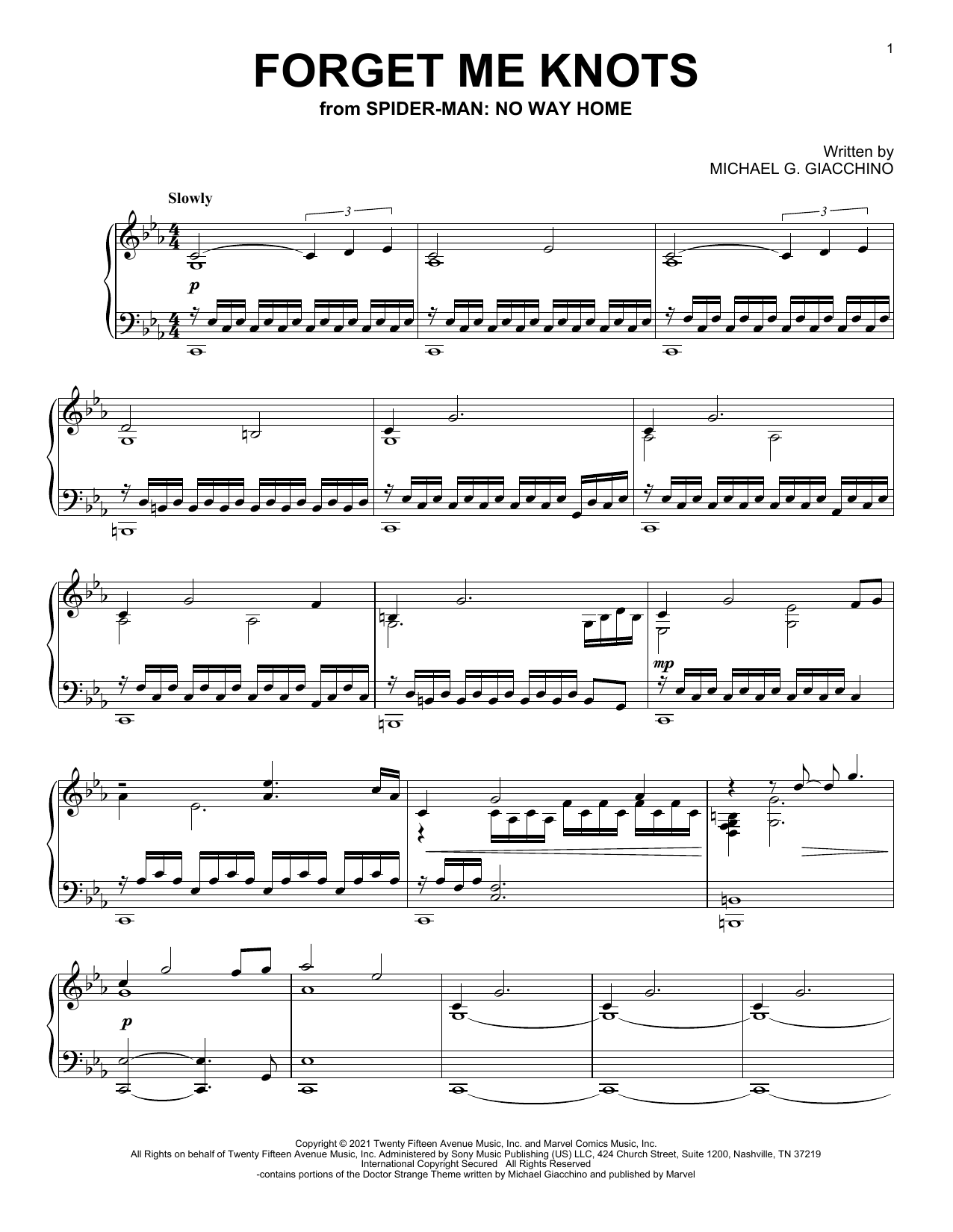 Michael Giacchino Forget Me Knots (from Spider-Man: No Way Home) sheet music notes and chords arranged for Piano Solo