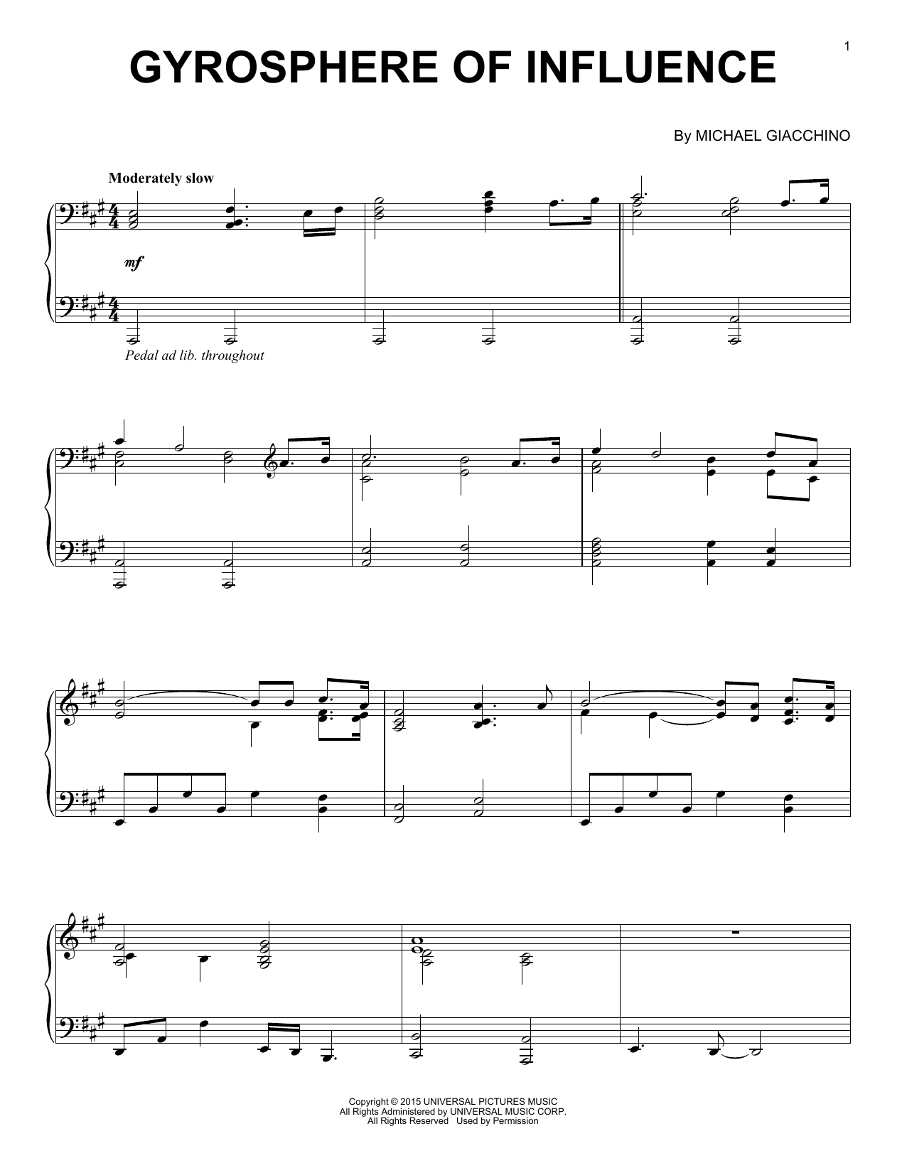 Michael Giacchino Gyrosphere Of Influence sheet music notes and chords arranged for Piano Solo