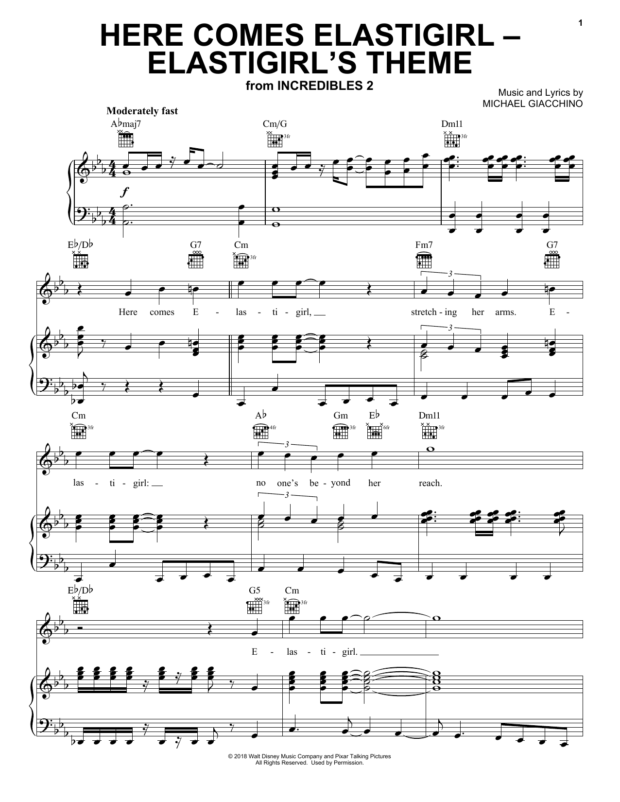 Michael Giacchino Here Comes Elastigirl - Elastigirl's Theme (from Incredibles 2) sheet music notes and chords arranged for Piano, Vocal & Guitar Chords (Right-Hand Melody)