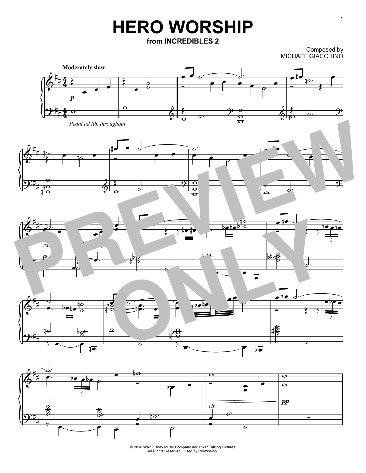 Michael Giacchino Hero Worship (from Incredibles 2) sheet music notes and chords arranged for Piano Solo