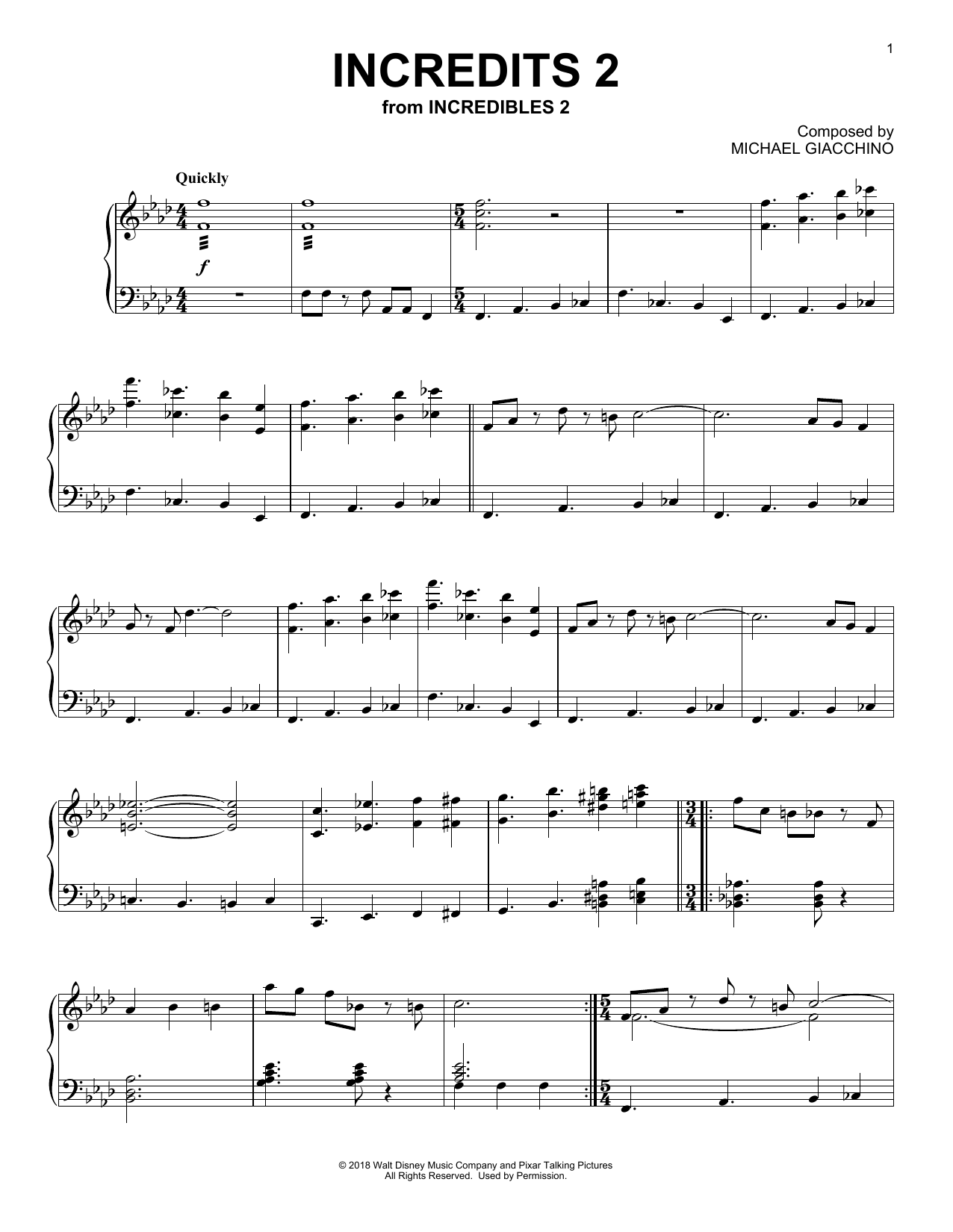Michael Giacchino Incredits 2 (from Incredibles 2) sheet music notes and chords arranged for Piano Solo