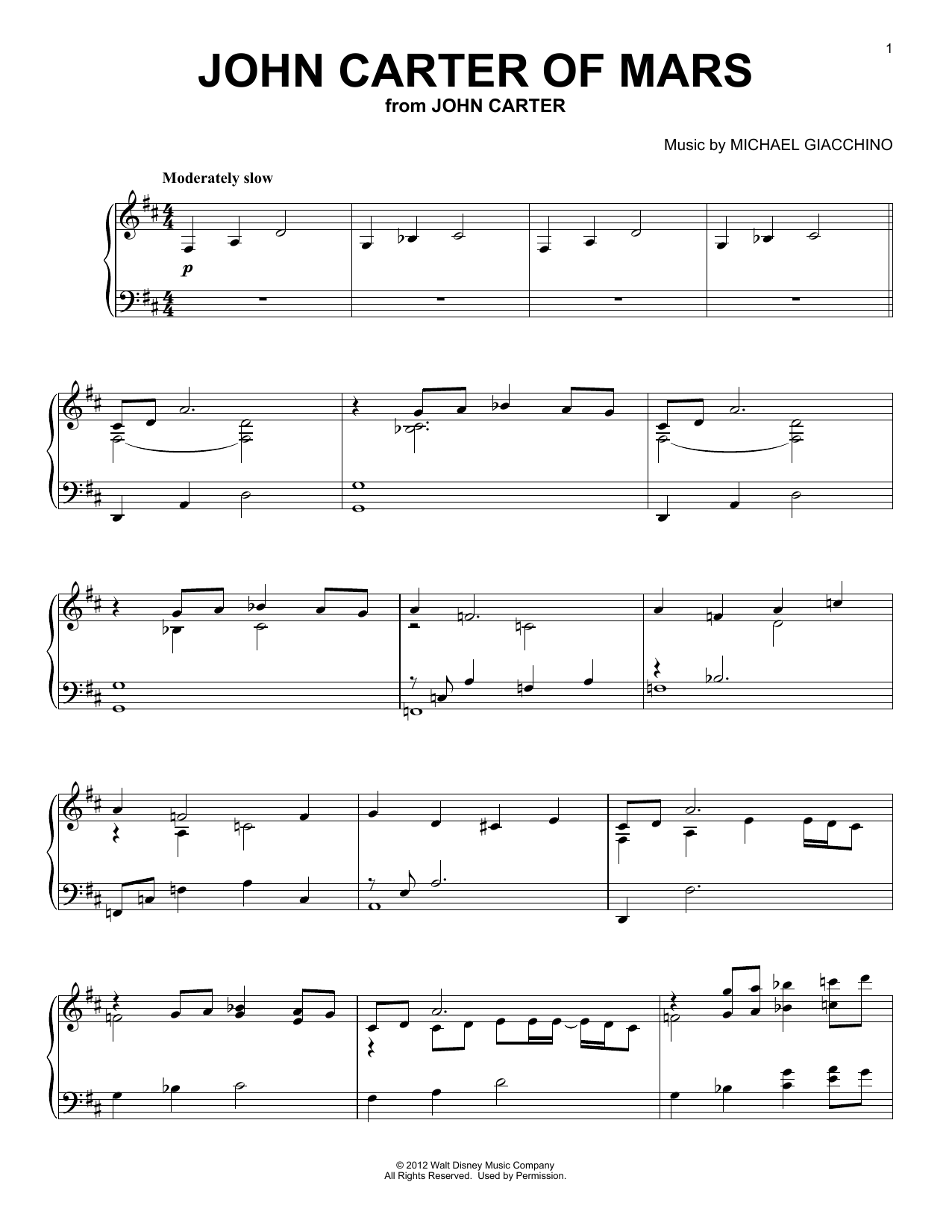 Michael Giacchino John Carter Of Mars (from John Carter) sheet music notes and chords arranged for Piano Solo