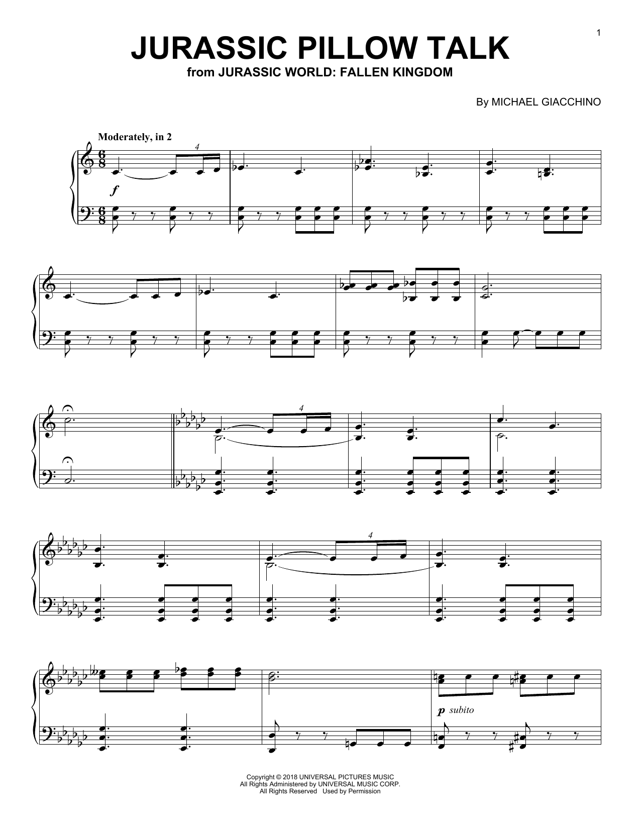 Michael Giacchino Jurassic Pillow Talk (from Jurassic World: Fallen Kingdom) sheet music notes and chords arranged for Piano Solo