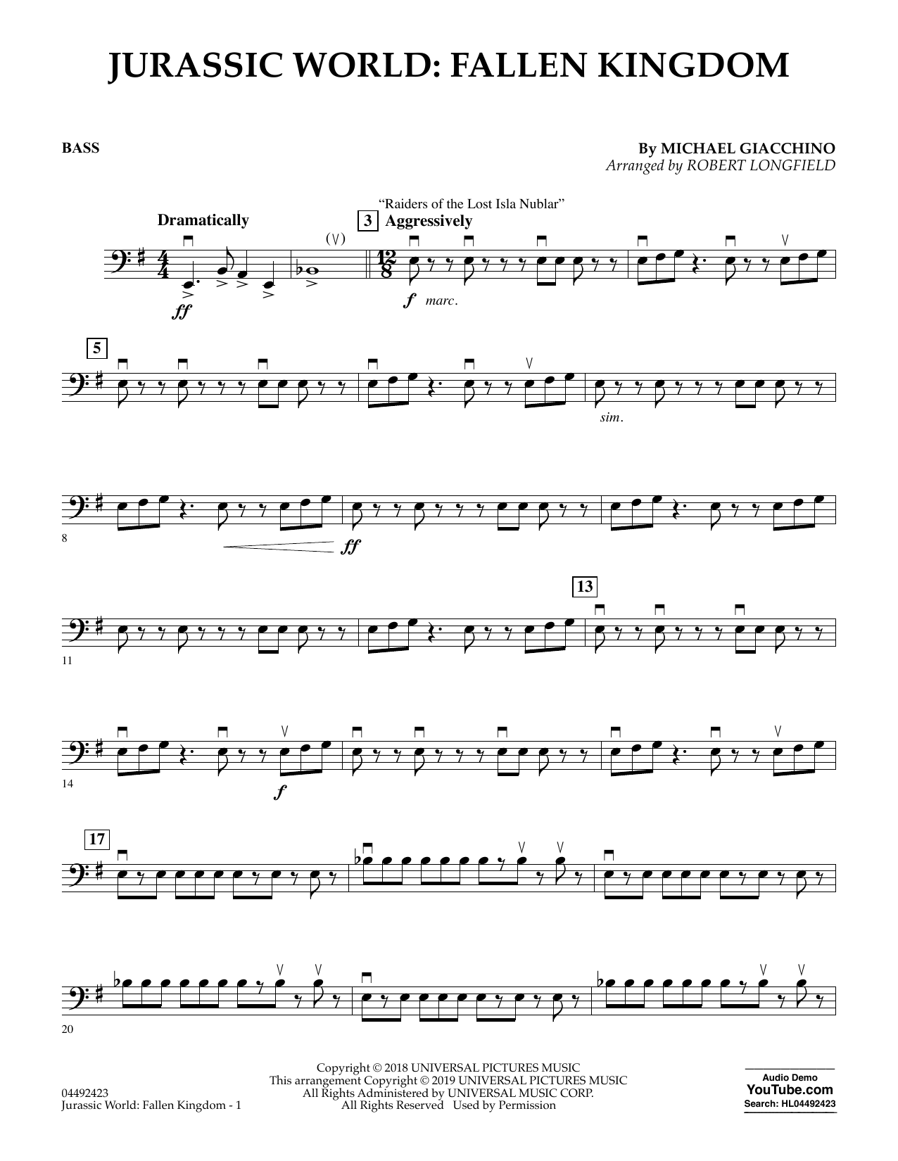 Michael Giacchino Jurassic World: Fallen Kingdom (arr. Robert Longfield) - Bass sheet music notes and chords arranged for Orchestra