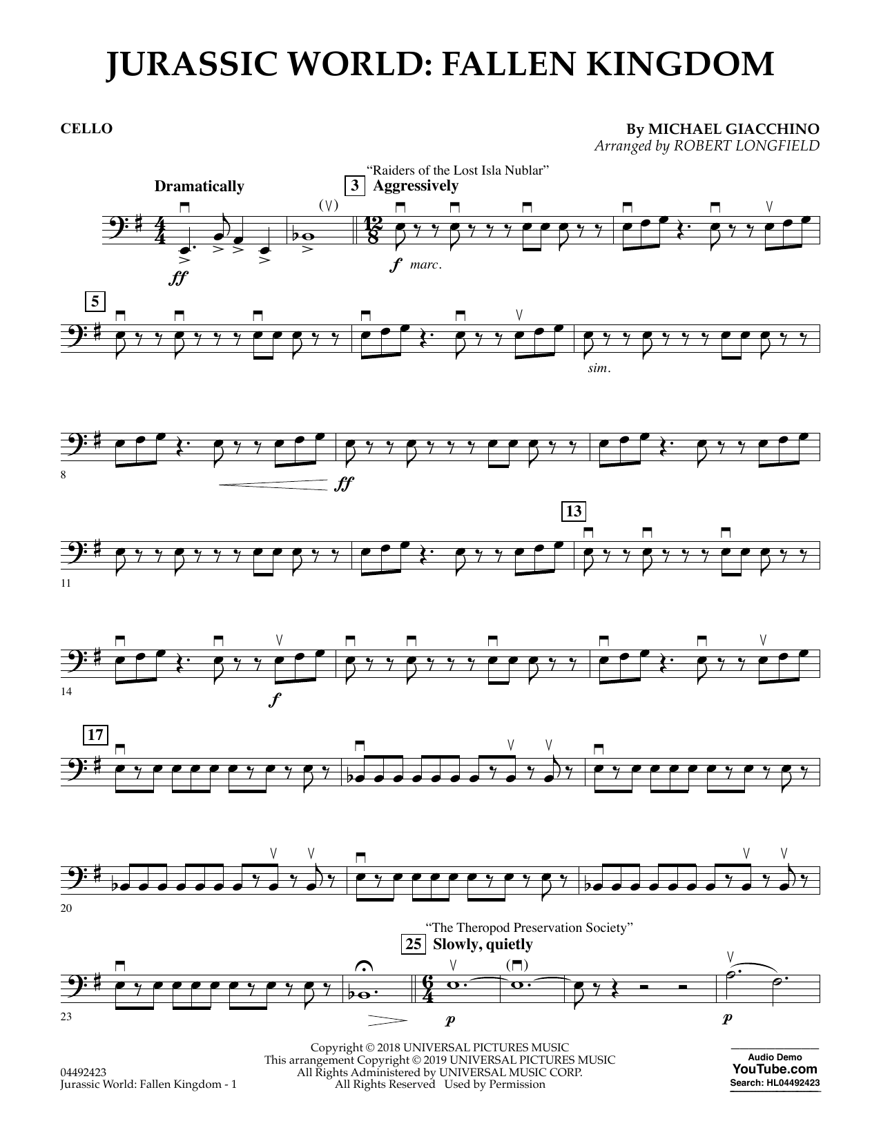 Michael Giacchino Jurassic World: Fallen Kingdom (arr. Robert Longfield) - Cello sheet music notes and chords arranged for Orchestra