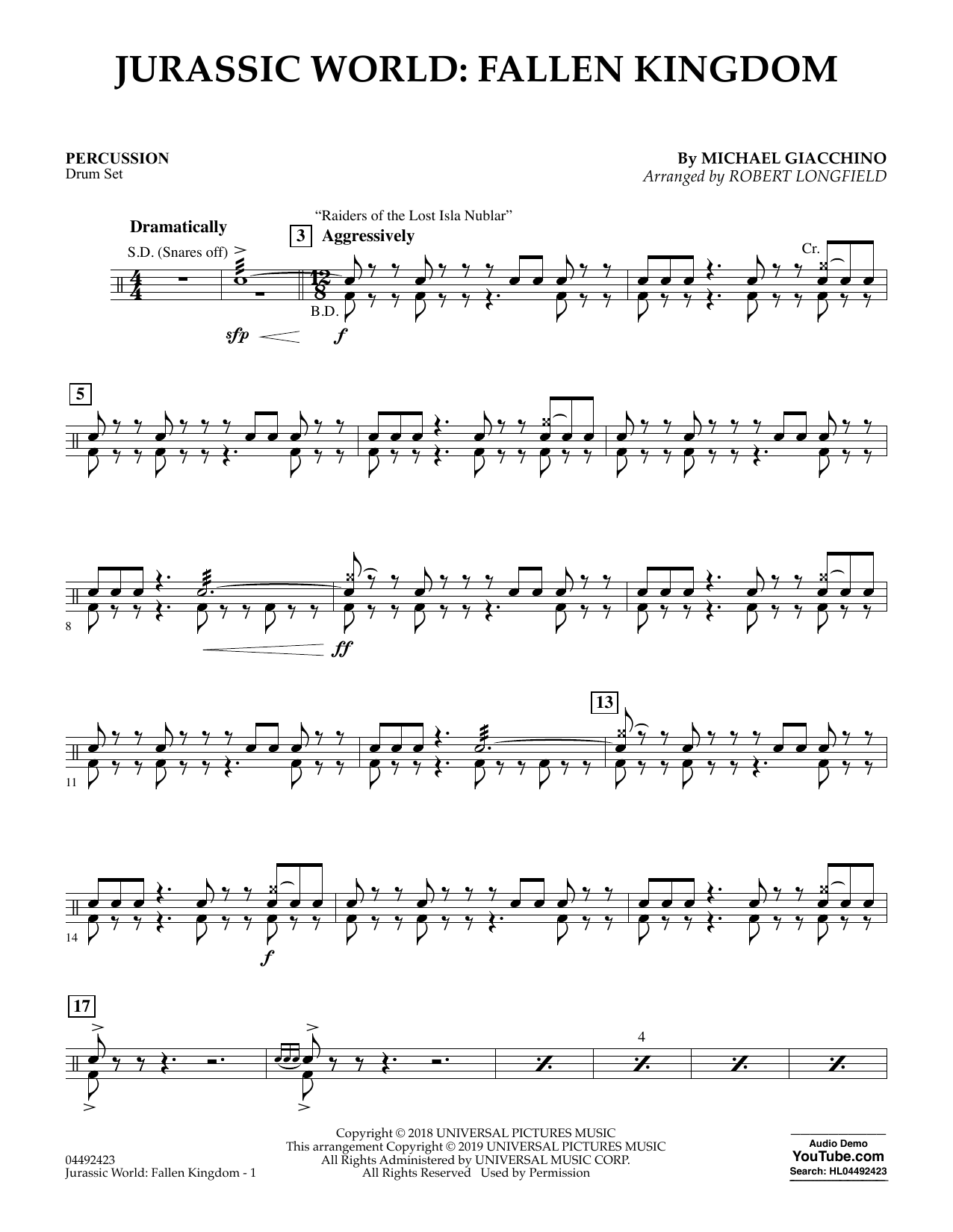 Michael Giacchino Jurassic World: Fallen Kingdom (arr. Robert Longfield) - Percussion sheet music notes and chords arranged for Orchestra