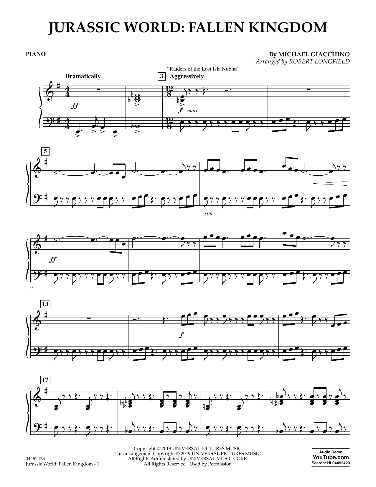 Michael Giacchino Jurassic World: Fallen Kingdom (arr. Robert Longfield) - Piano sheet music notes and chords arranged for Orchestra
