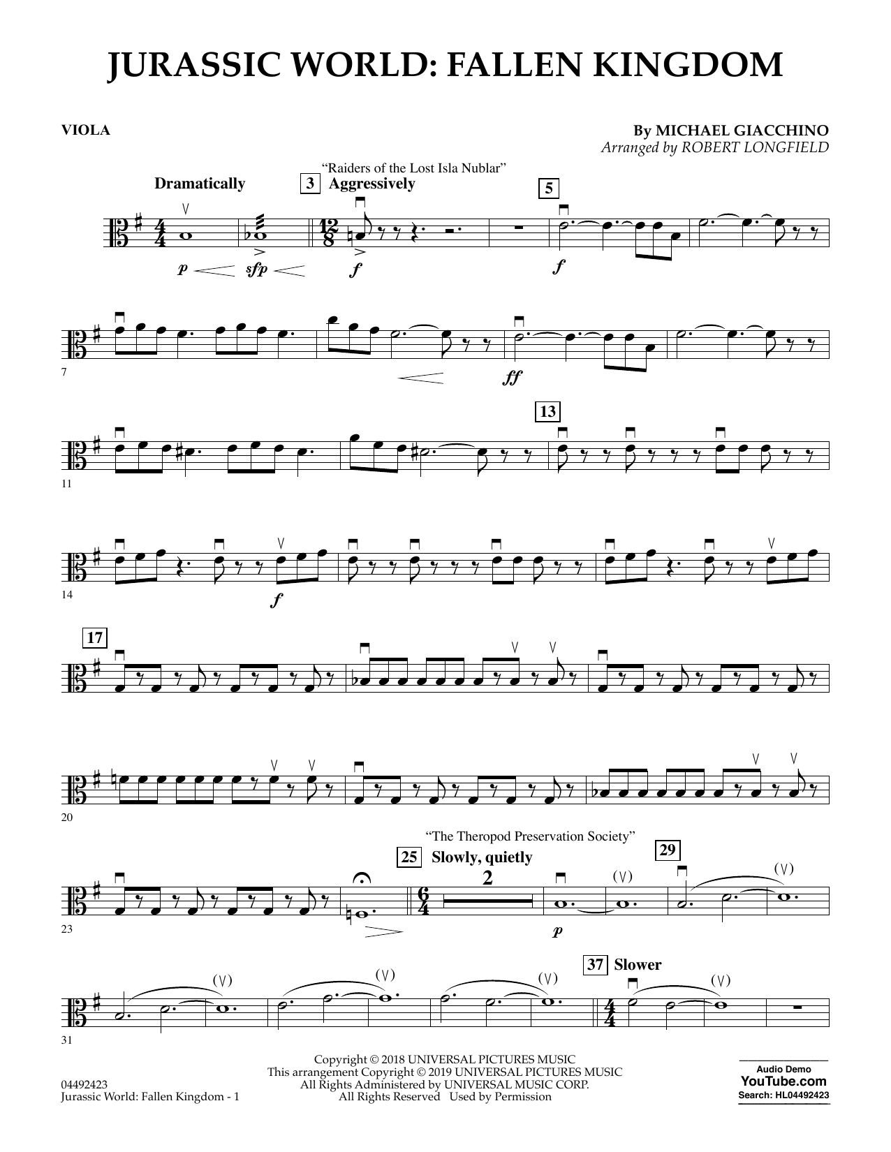 Michael Giacchino Jurassic World: Fallen Kingdom (arr. Robert Longfield) - Viola sheet music notes and chords arranged for Orchestra