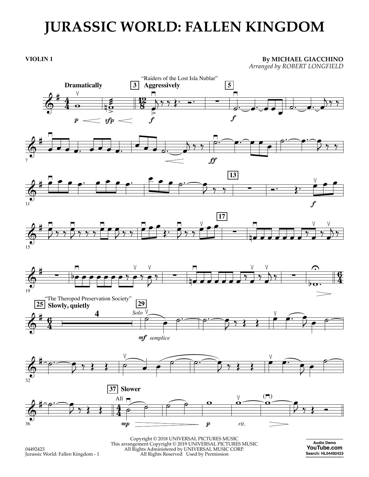 Michael Giacchino Jurassic World: Fallen Kingdom (arr. Robert Longfield) - Violin 1 sheet music notes and chords arranged for Orchestra