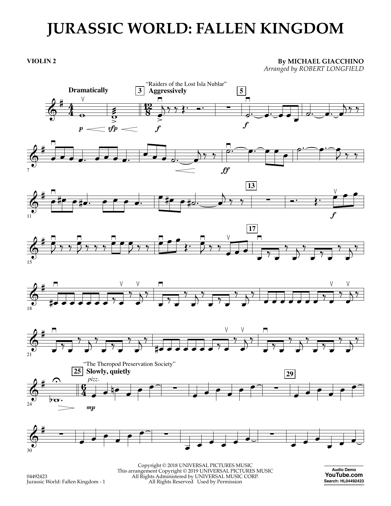 Michael Giacchino Jurassic World: Fallen Kingdom (arr. Robert Longfield) - Violin 2 sheet music notes and chords arranged for Orchestra