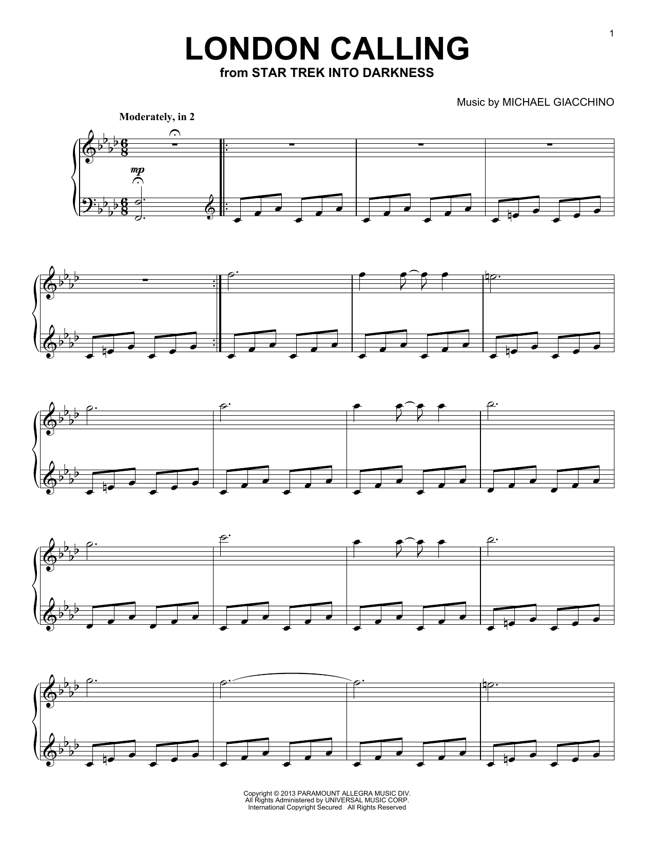 Michael Giacchino London Calling sheet music notes and chords arranged for Piano Solo