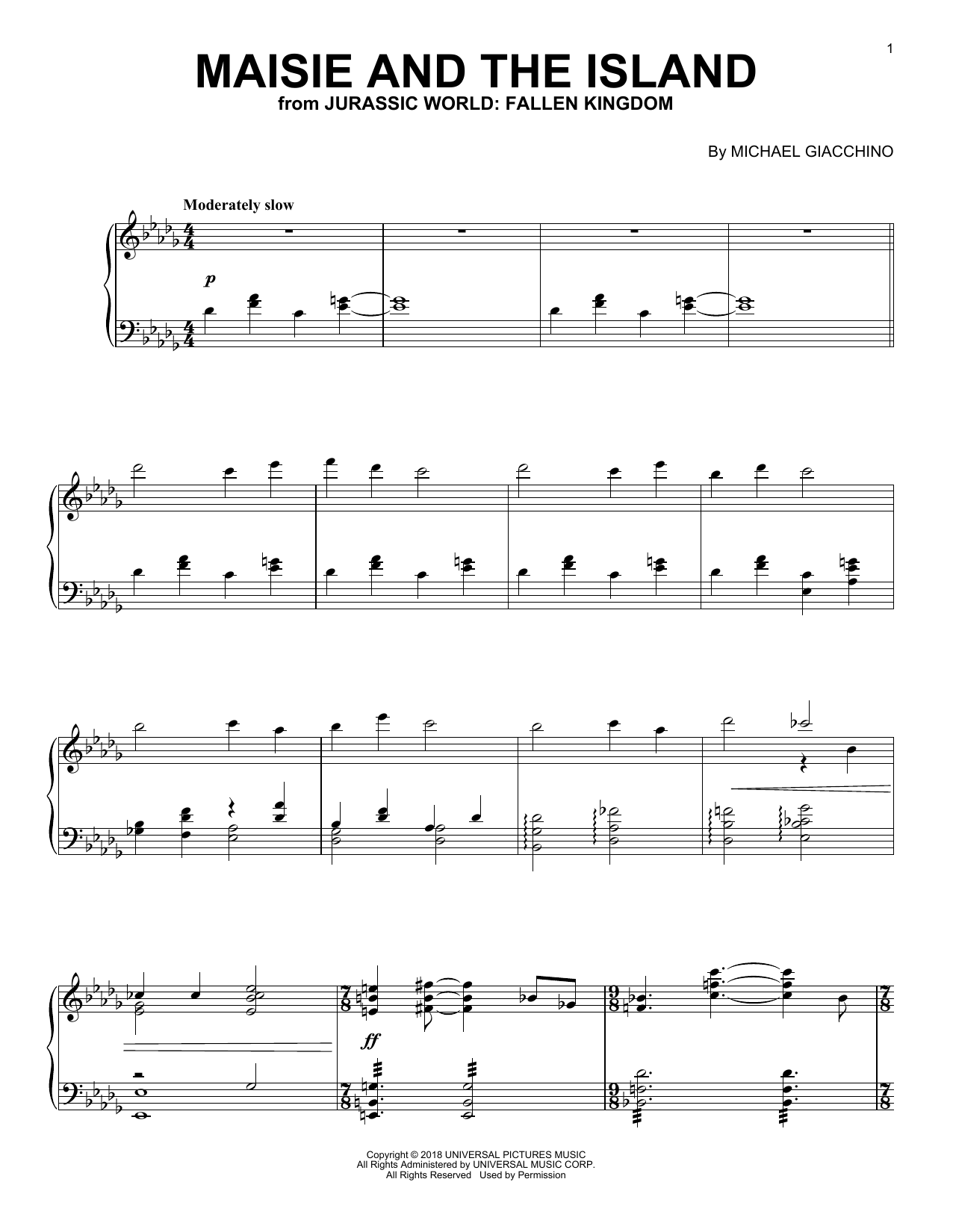 Michael Giacchino Maisie And The Island (from Jurassic World: Fallen Kingdom) sheet music notes and chords arranged for Piano Solo