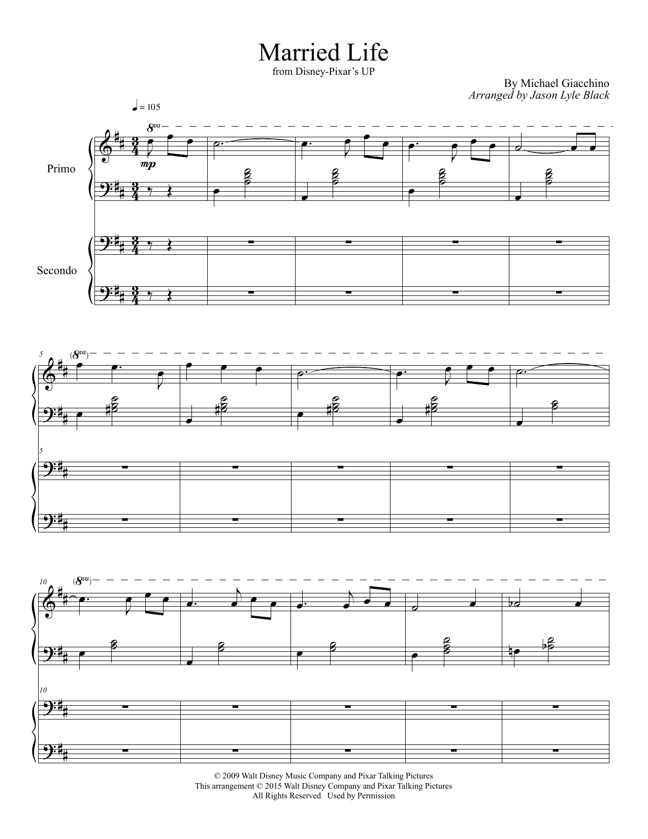 Michael Giacchino Married Life (from Up) (arr. Jason Lyle Black) sheet music notes and chords arranged for Piano Duet