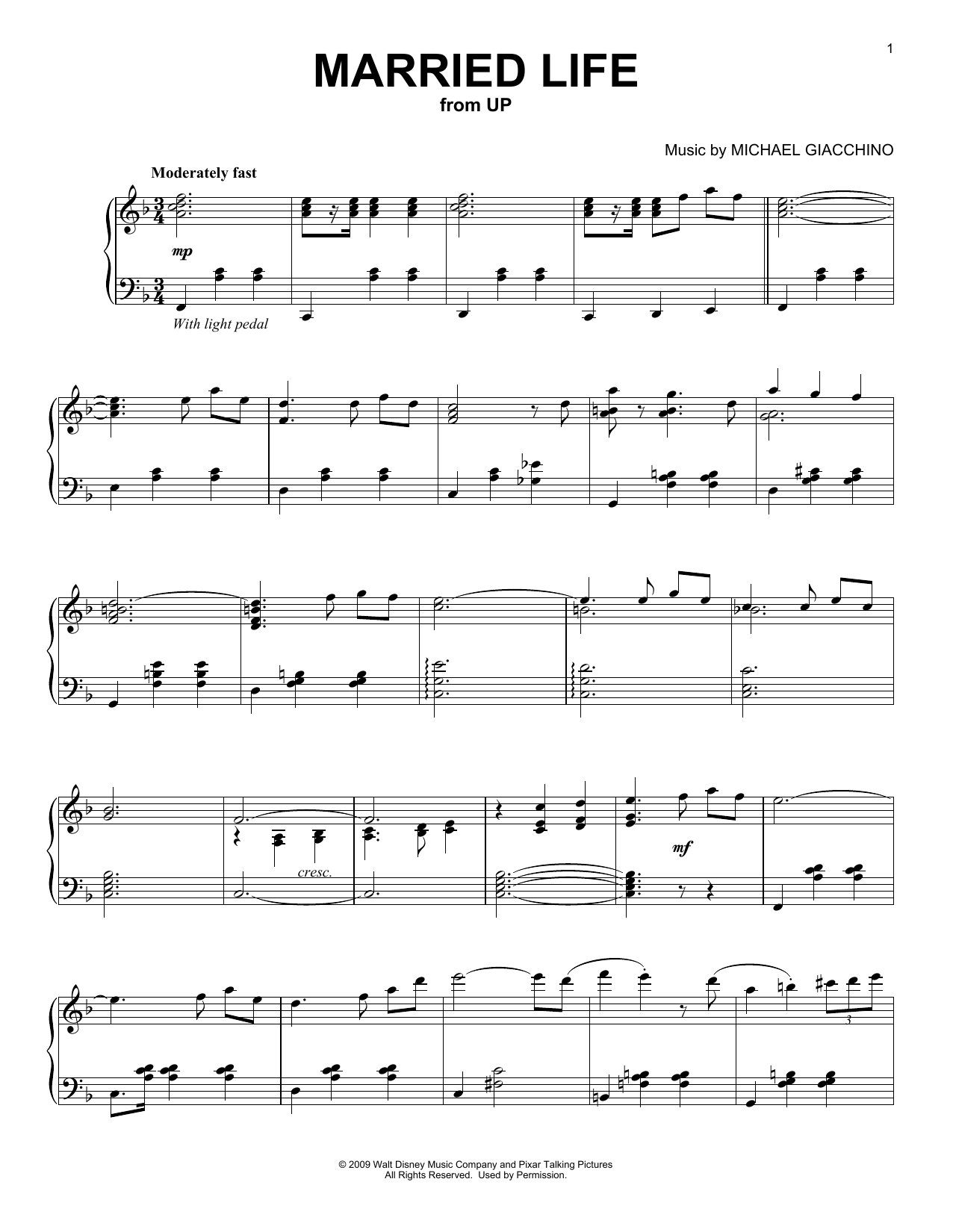 Michael Giacchino Married Life (from Up) sheet music notes and chords arranged for Piano Duet