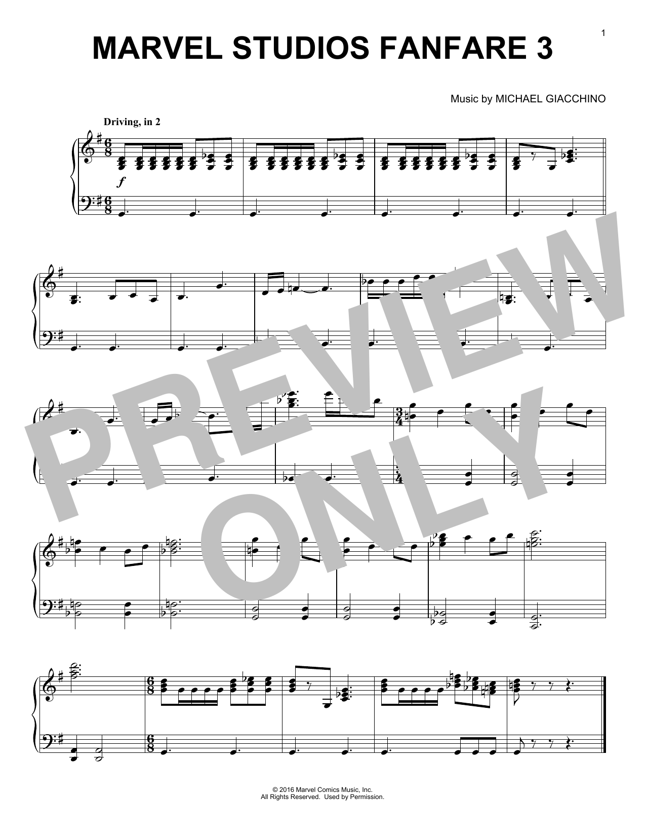 Michael Giacchino Marvel Studios Fanfare 3 sheet music notes and chords arranged for Piano Solo