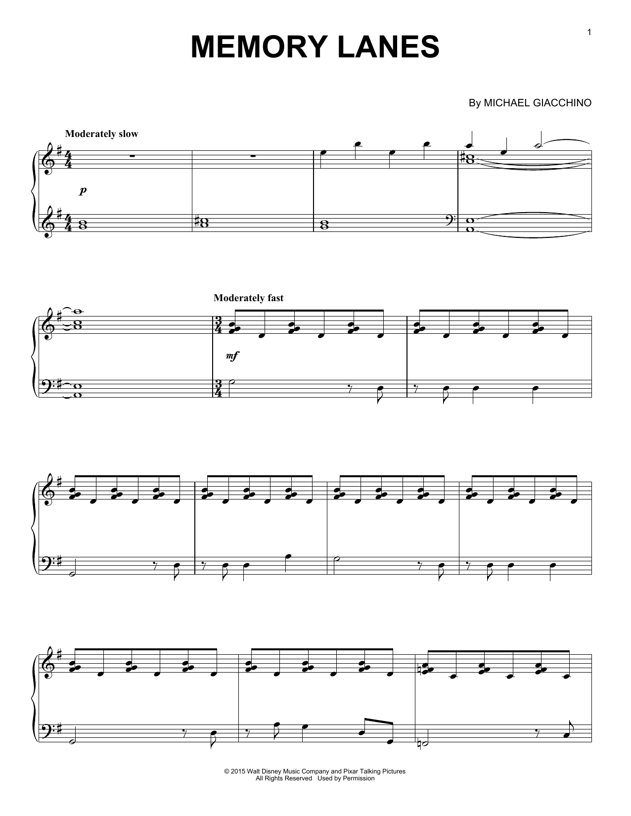 Michael Giacchino Memory Lanes sheet music notes and chords arranged for Piano Solo