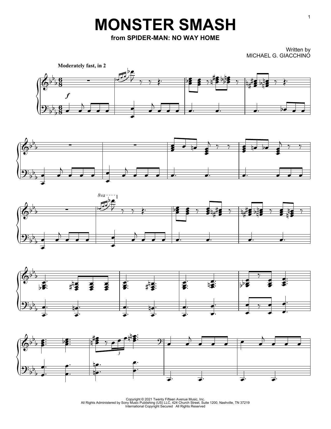 Michael Giacchino Monster Smash (from Spider-Man: No Way Home) sheet music notes and chords arranged for Piano Solo
