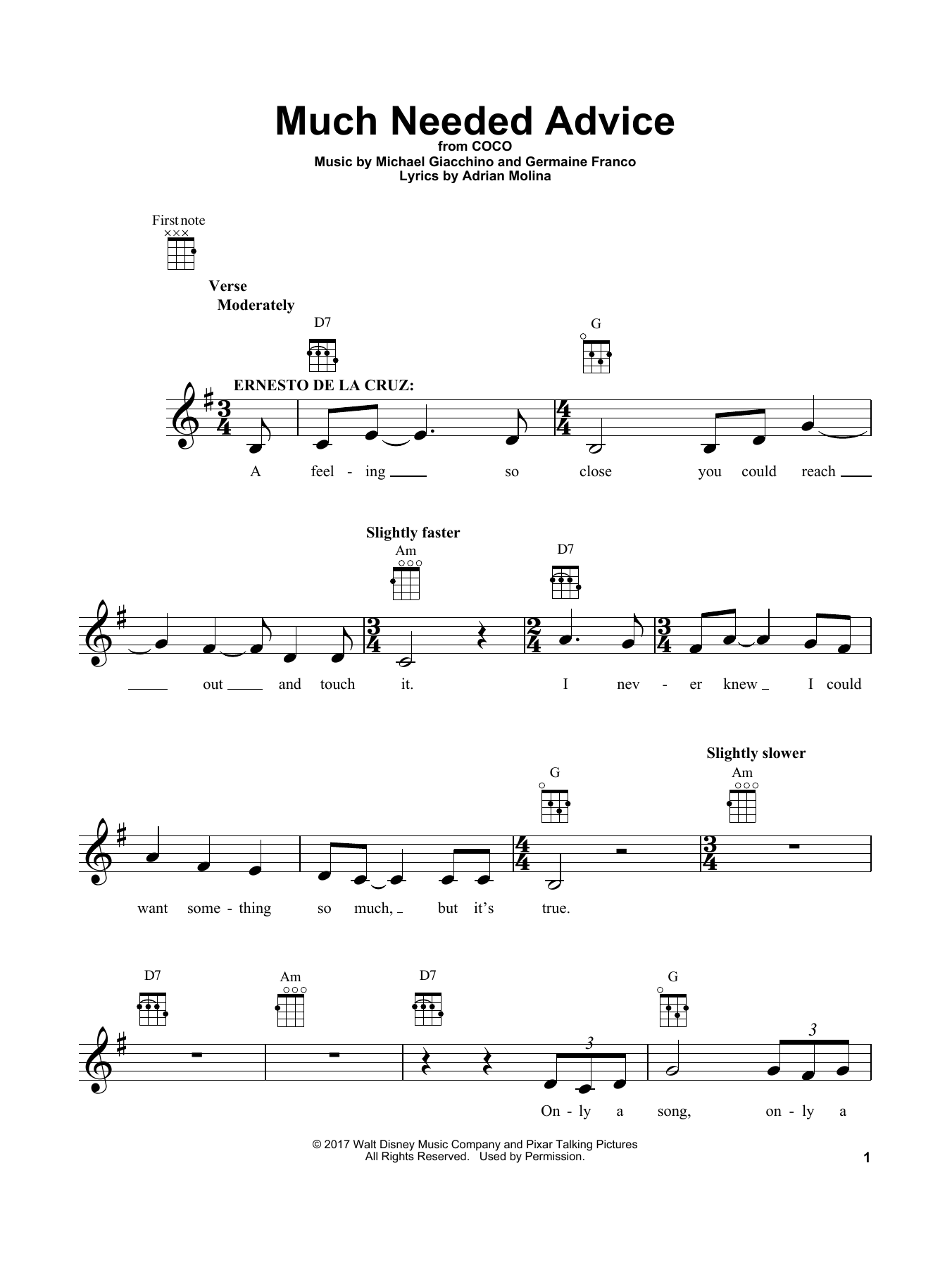 Michael Giacchino Much Needed Advice (from Coco) sheet music notes and chords arranged for Piano, Vocal & Guitar Chords (Right-Hand Melody)