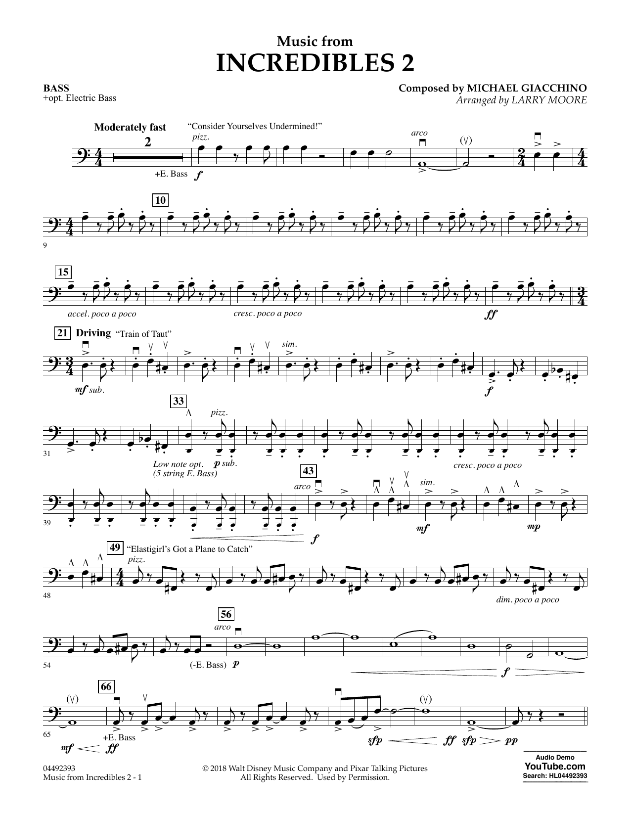 Michael Giacchino Music from Incredibles 2 (arr. Larry Moore) - Bass sheet music notes and chords arranged for Orchestra