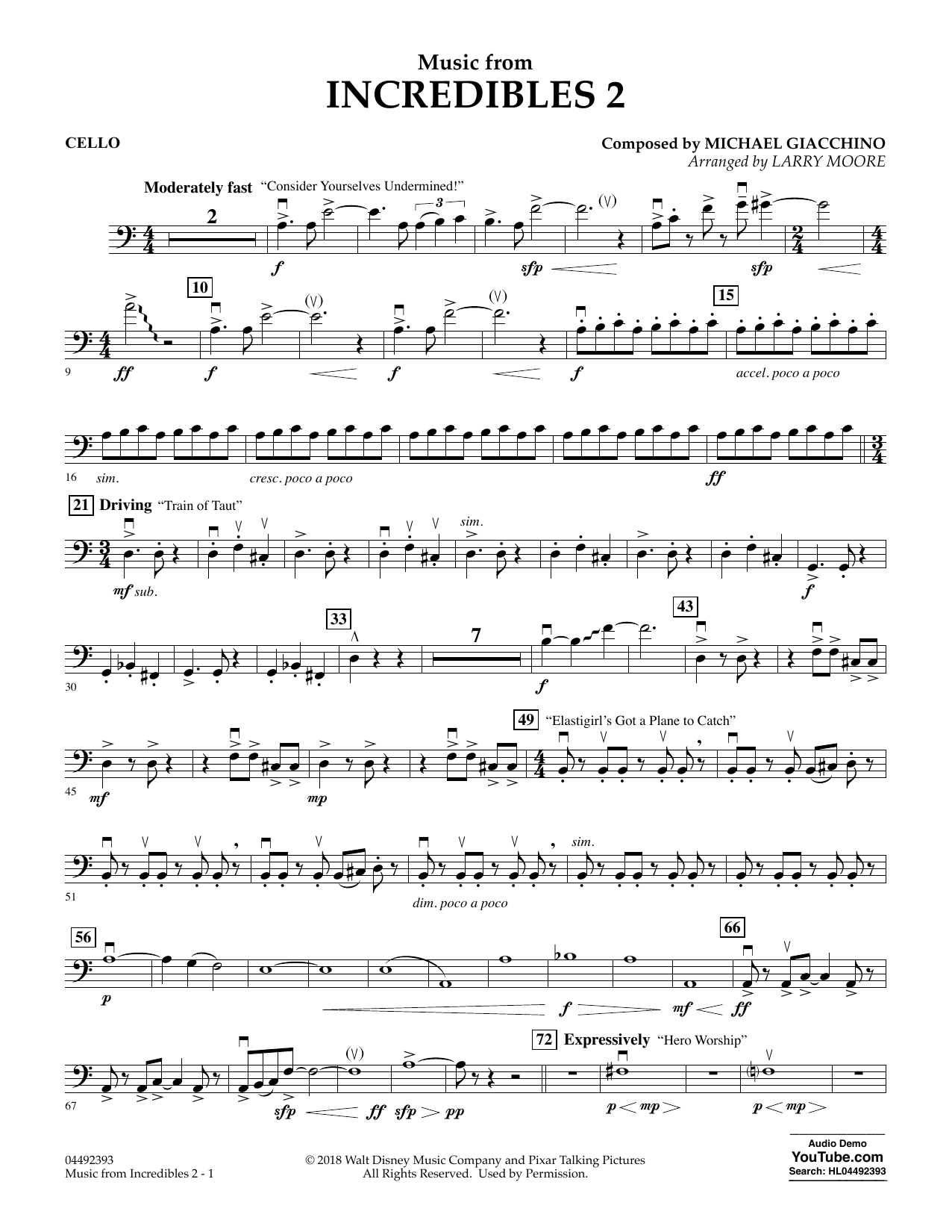Michael Giacchino Music from Incredibles 2 (arr. Larry Moore) - Cello sheet music notes and chords arranged for Orchestra