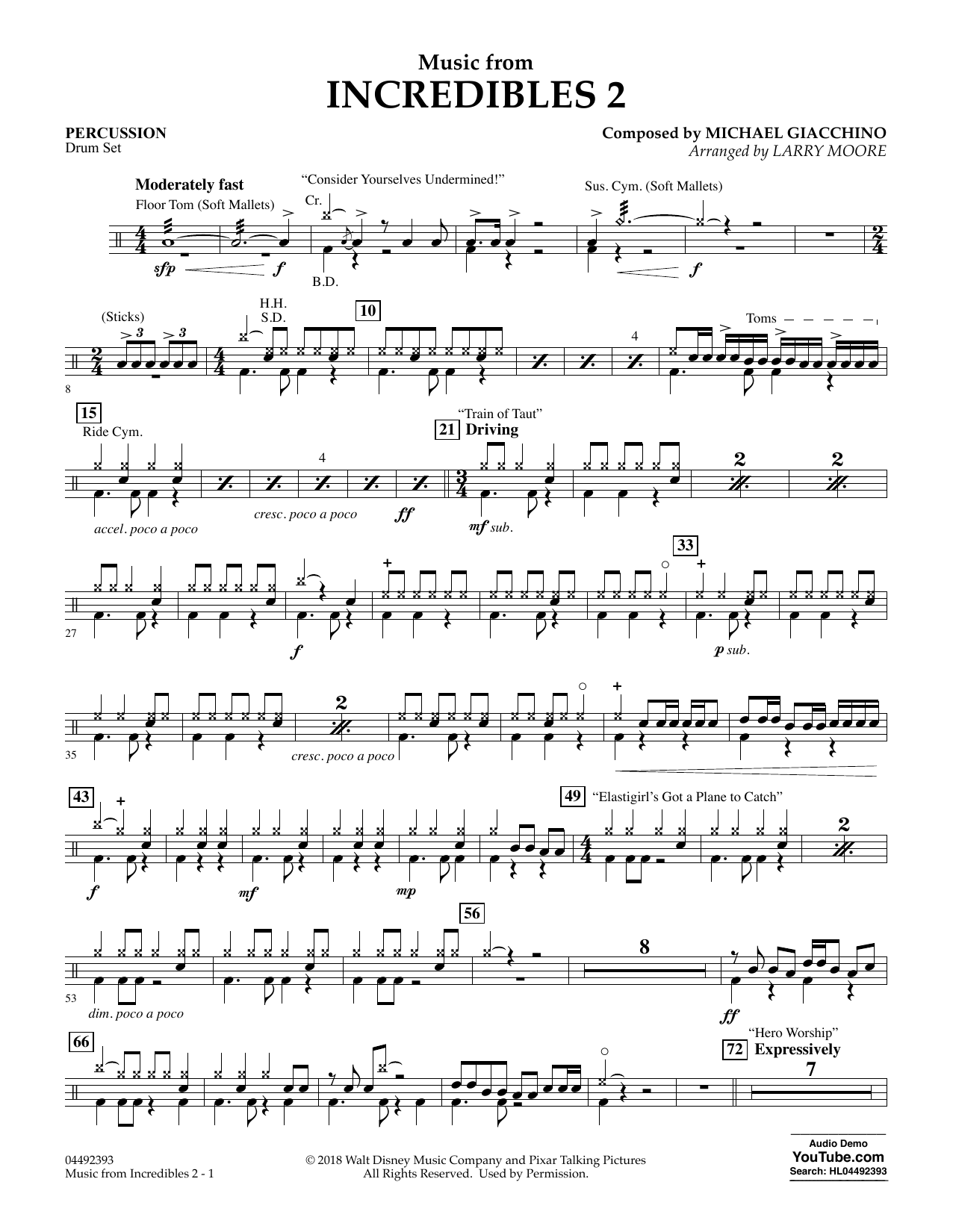 Michael Giacchino Music from Incredibles 2 (arr. Larry Moore) - Percussion sheet music notes and chords arranged for Orchestra
