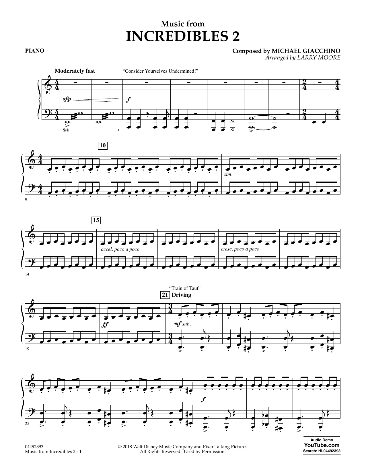 Michael Giacchino Music from Incredibles 2 (arr. Larry Moore) - Piano sheet music notes and chords arranged for Orchestra