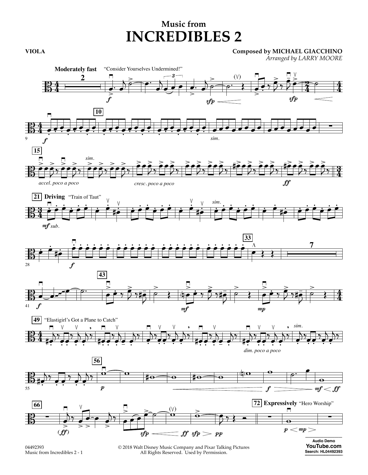 Michael Giacchino Music from Incredibles 2 (arr. Larry Moore) - Viola sheet music notes and chords arranged for Orchestra