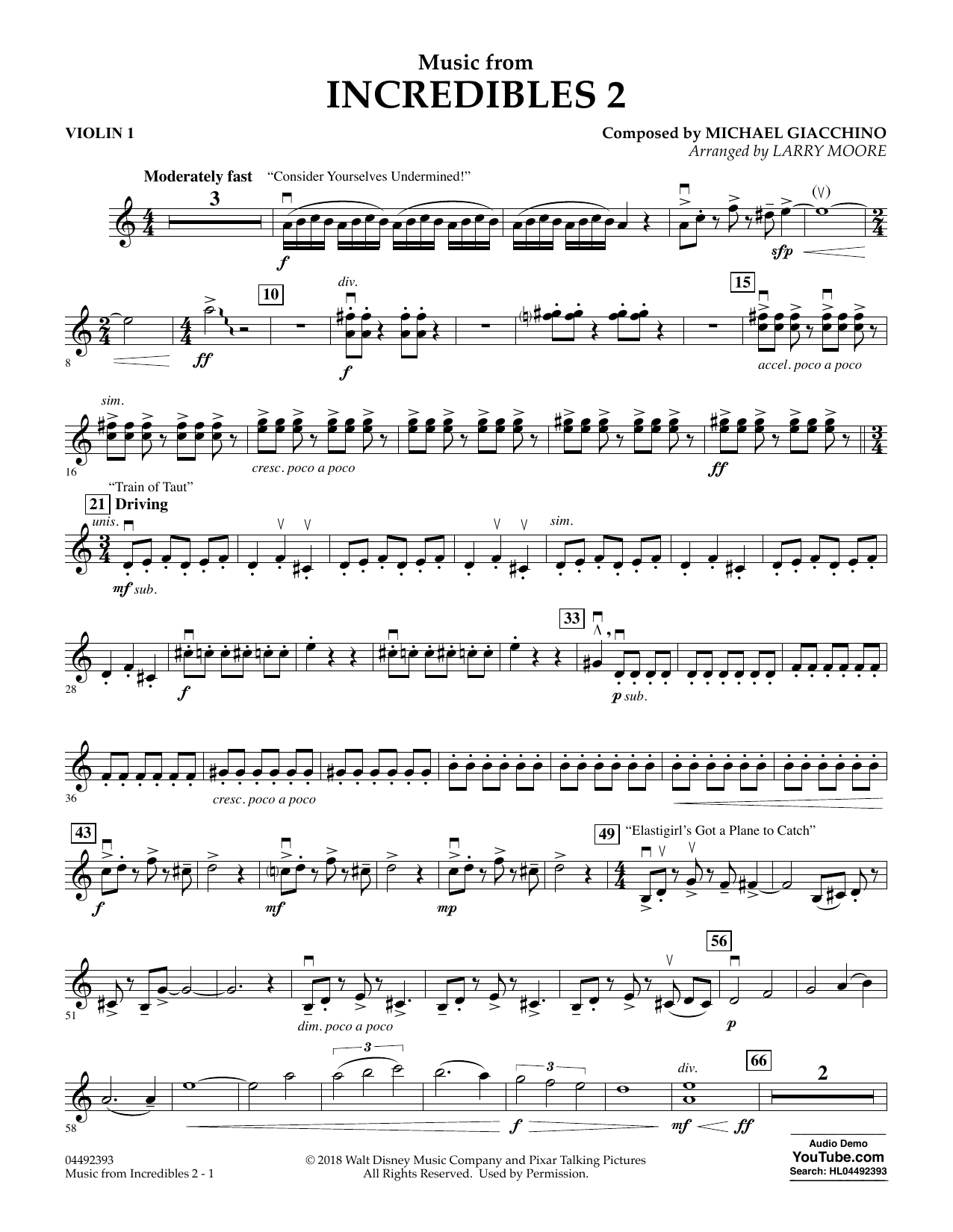 Michael Giacchino Music from Incredibles 2 (arr. Larry Moore) - Violin 1 sheet music notes and chords arranged for Orchestra