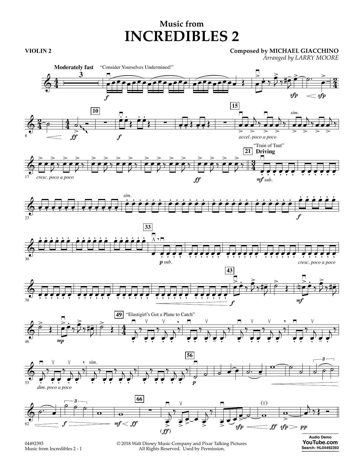 Michael Giacchino Music from Incredibles 2 (arr. Larry Moore) - Violin 2 sheet music notes and chords arranged for Orchestra