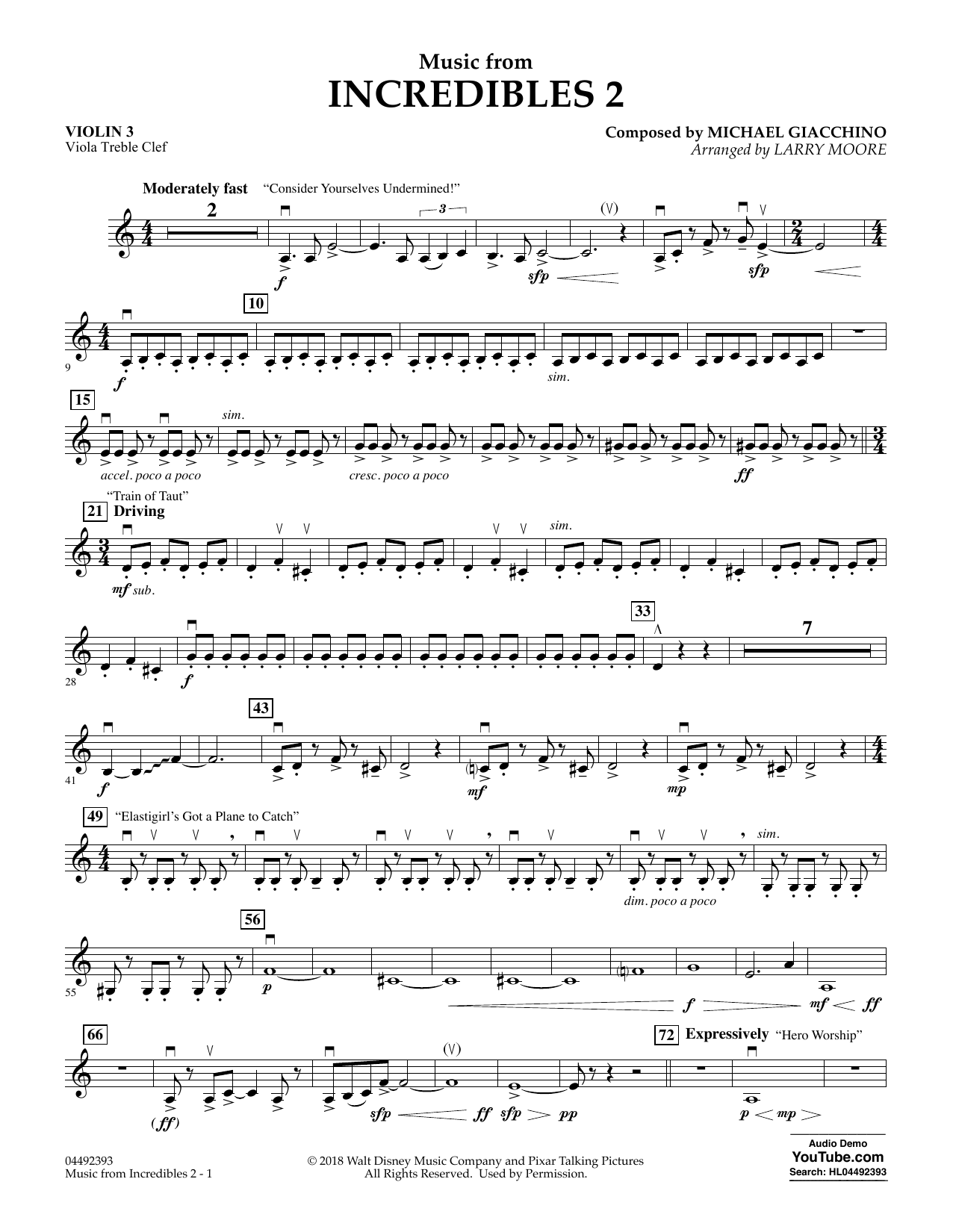 Michael Giacchino Music from Incredibles 2 (arr. Larry Moore) - Violin 3 (Viola Treble Clef) sheet music notes and chords arranged for Orchestra