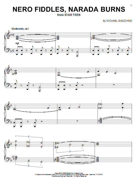 Michael Giacchino Nero Fiddles, Narada Burns sheet music notes and chords arranged for Piano Solo