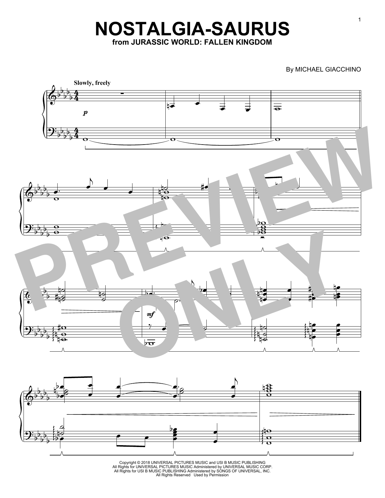 Michael Giacchino Nostalgia-Saurus (from Jurassic World: Fallen Kingdom) sheet music notes and chords arranged for Piano Solo