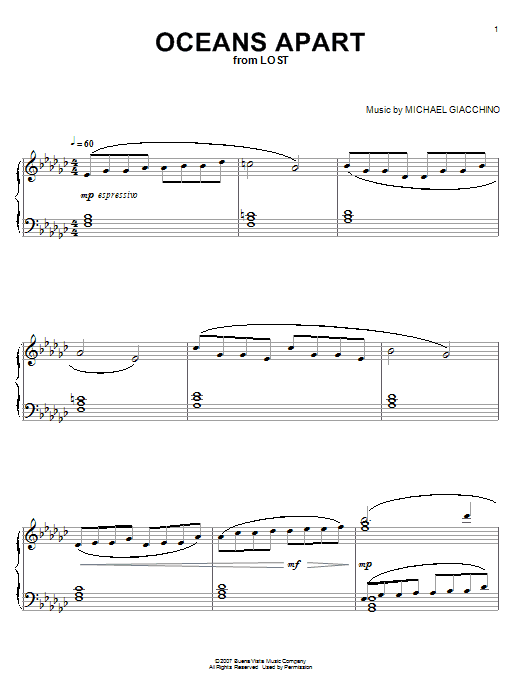 Michael Giacchino Oceans Apart sheet music notes and chords arranged for Piano Solo