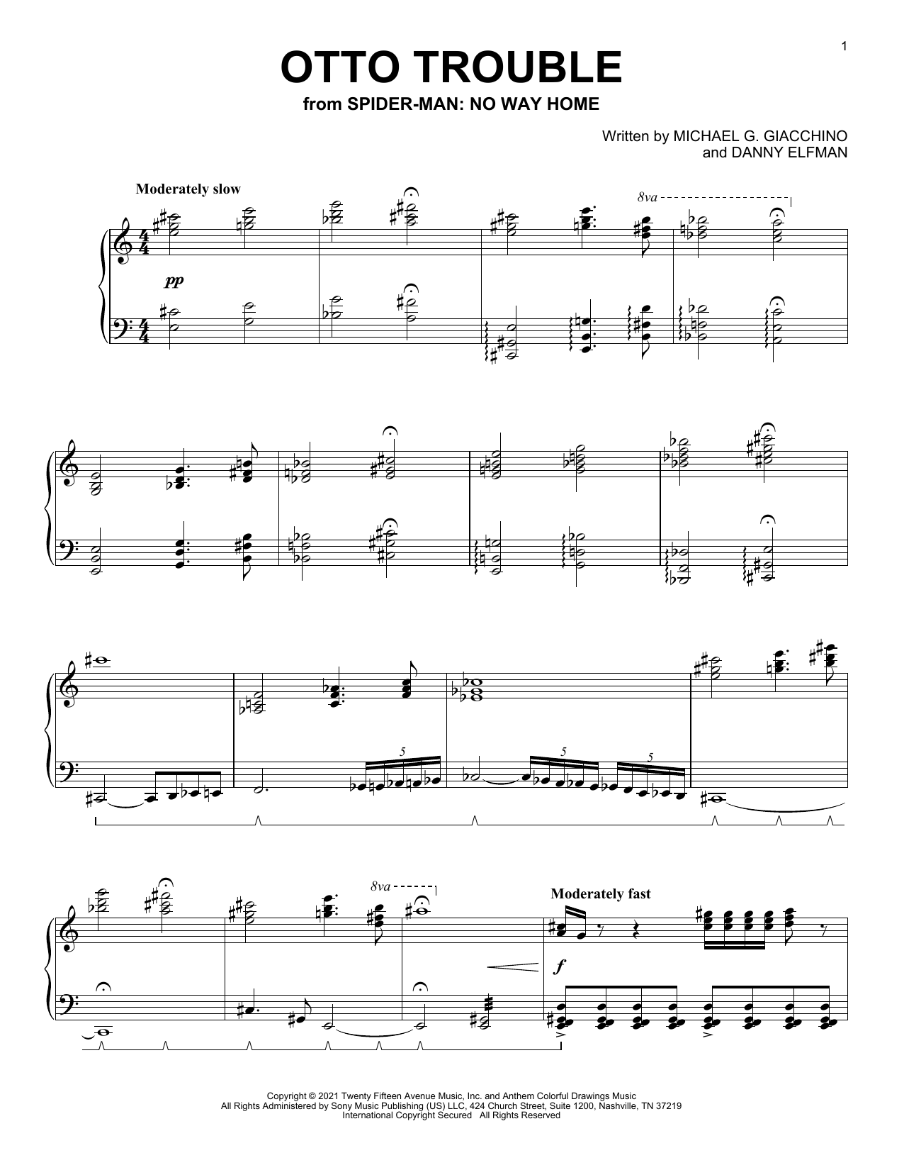 Michael Giacchino Otto Trouble (from Spider-Man: No Way Home) sheet music notes and chords arranged for Piano Solo