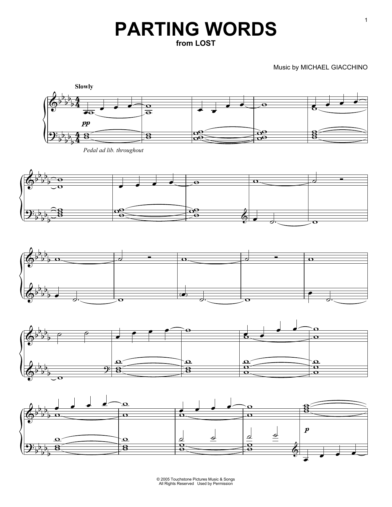 Michael Giacchino Parting Words (from Lost) sheet music notes and chords arranged for Piano Solo