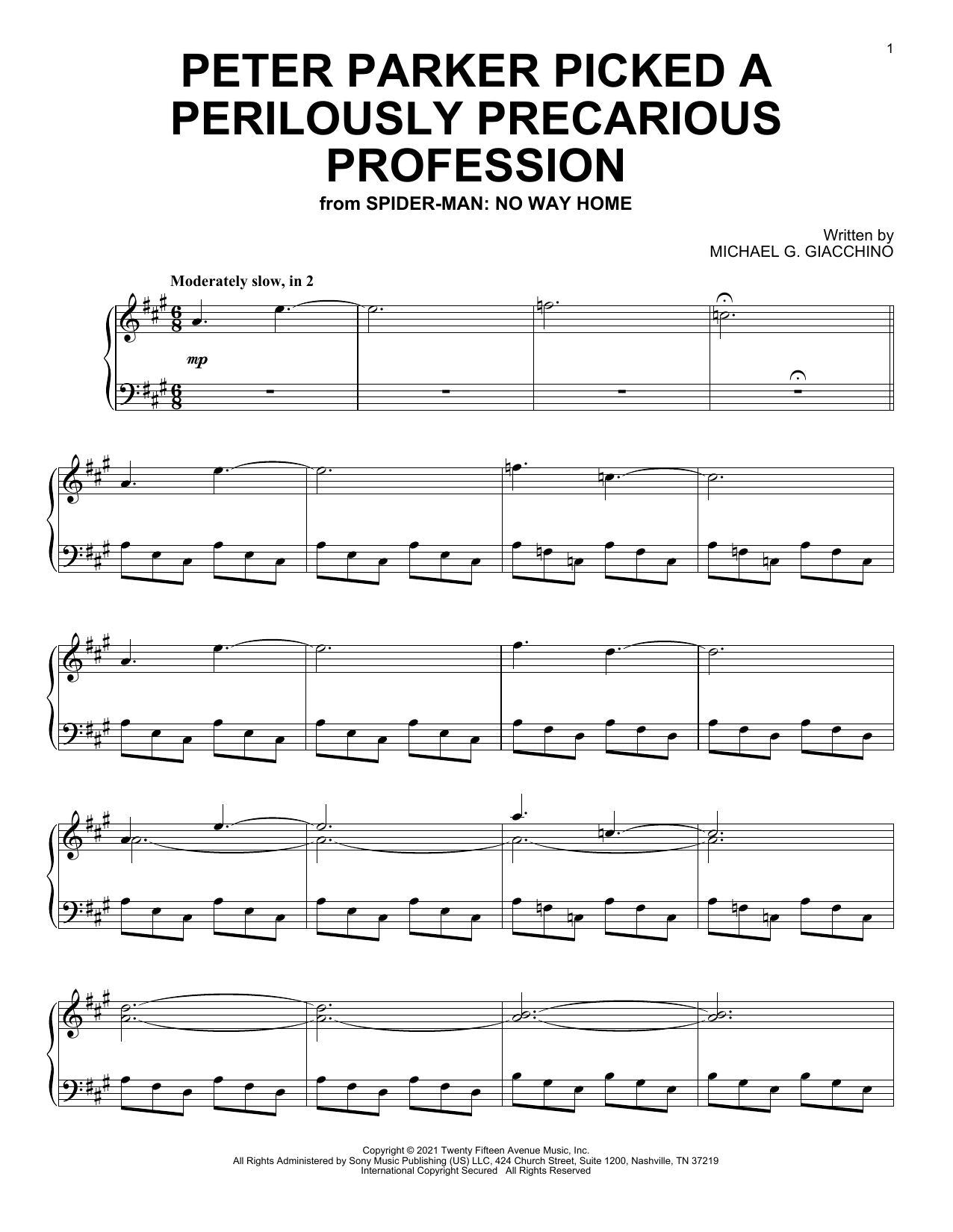 Michael Giacchino Peter Parker Picked A Perilously Precarious Profession (from Spider-Man: No Way Home) sheet music notes and chords arranged for Piano Solo