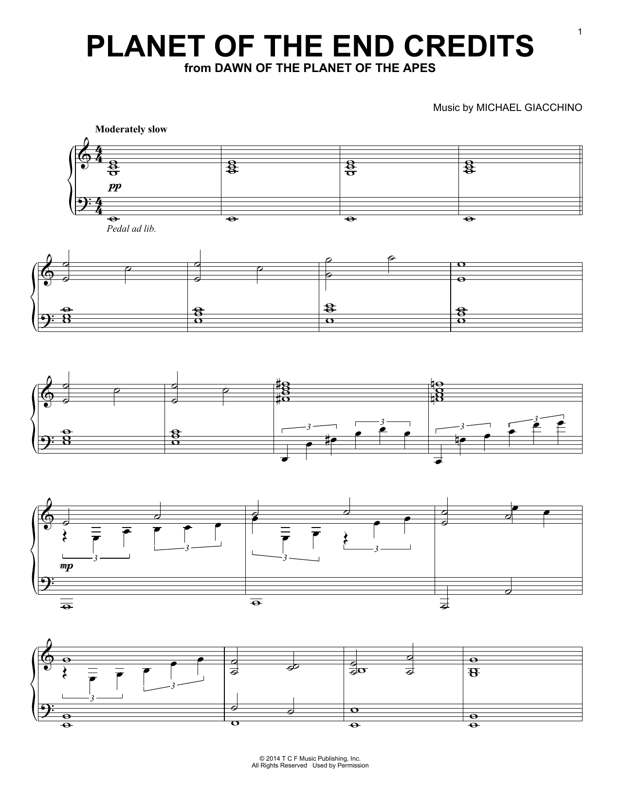 Michael Giacchino Planet Of The End Credits (from Dawn Of The Planet Of The Apes) sheet music notes and chords arranged for Piano Solo
