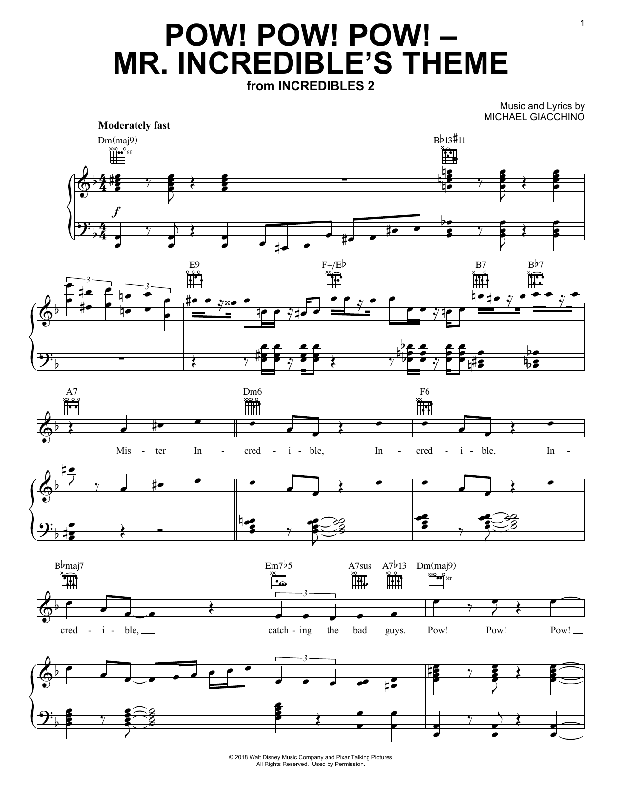 Michael Giacchino Pow! Pow! Pow! - Mr. Incredibles Theme (from Incredibles 2) sheet music notes and chords arranged for Big Note Piano