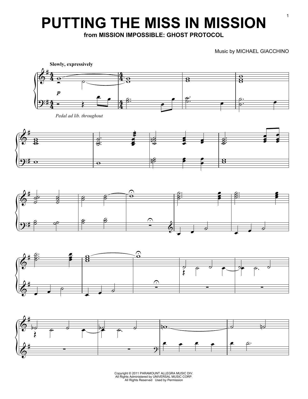 Michael Giacchino Putting The Miss In Mission (from Mission: Impossible - Ghost Protocol) sheet music notes and chords arranged for Piano Solo