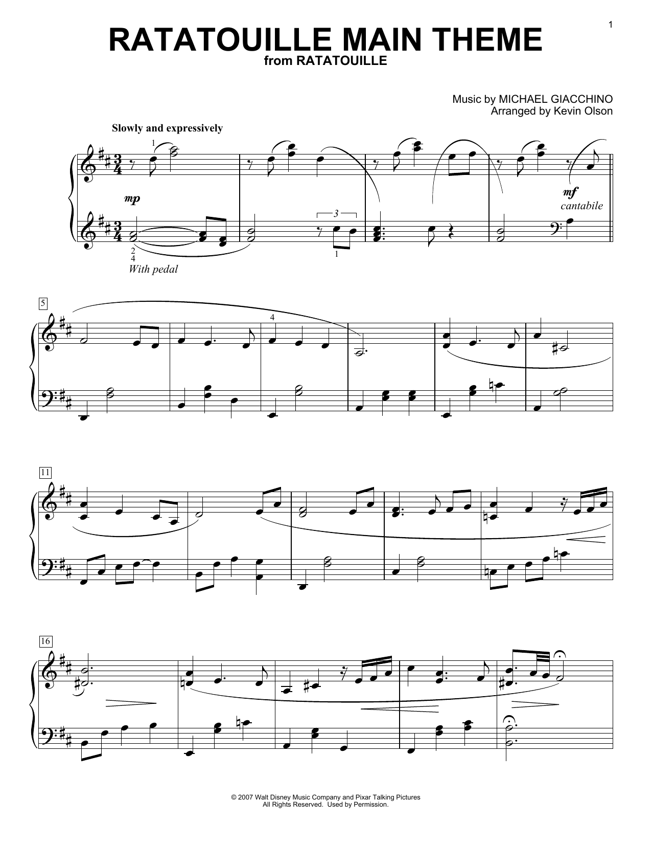 Michael Giacchino Ratatouille (Main Theme) (arr. Kevin Olson) sheet music notes and chords arranged for Easy Piano Solo