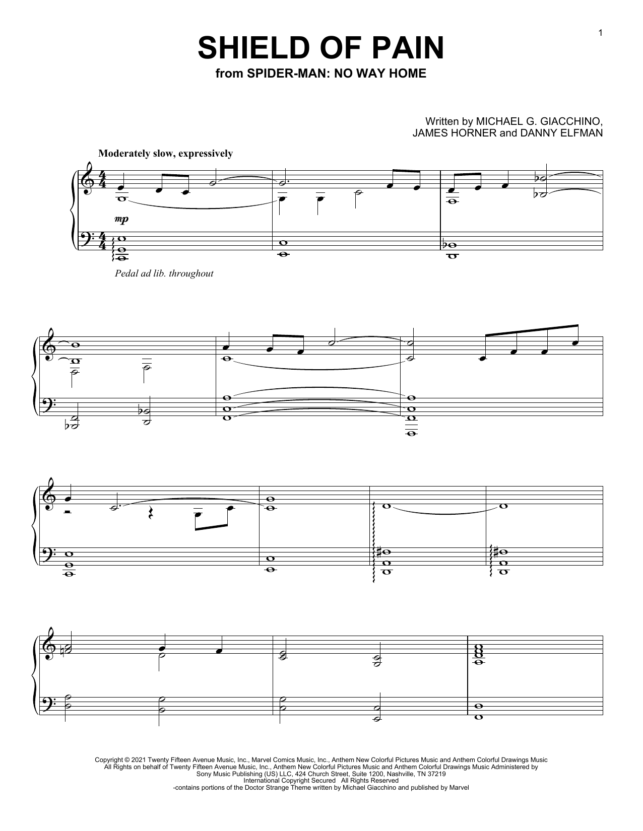 Michael Giacchino Shield Of Pain (from Spider-Man: No Way Home) sheet music notes and chords arranged for Piano Solo