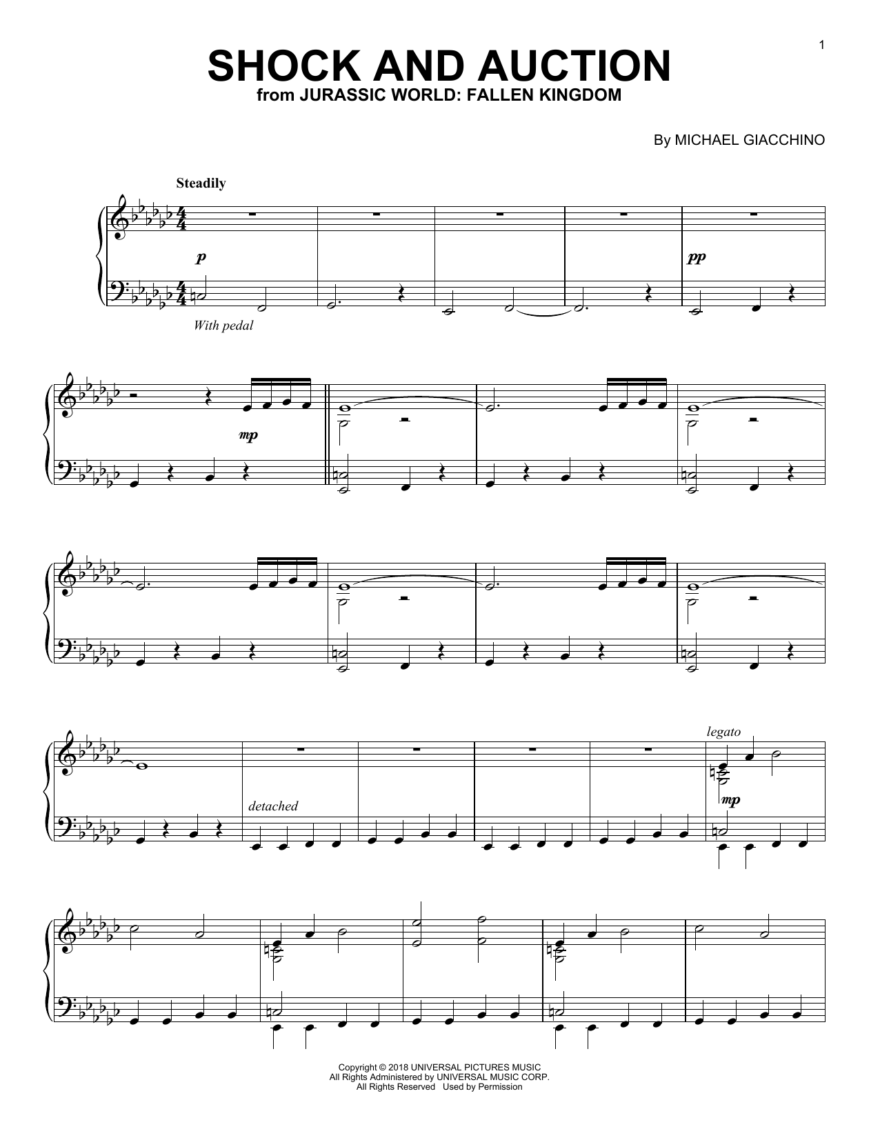 Michael Giacchino Shock And Auction (from Jurassic World: Fallen Kingdom) sheet music notes and chords arranged for Piano Solo