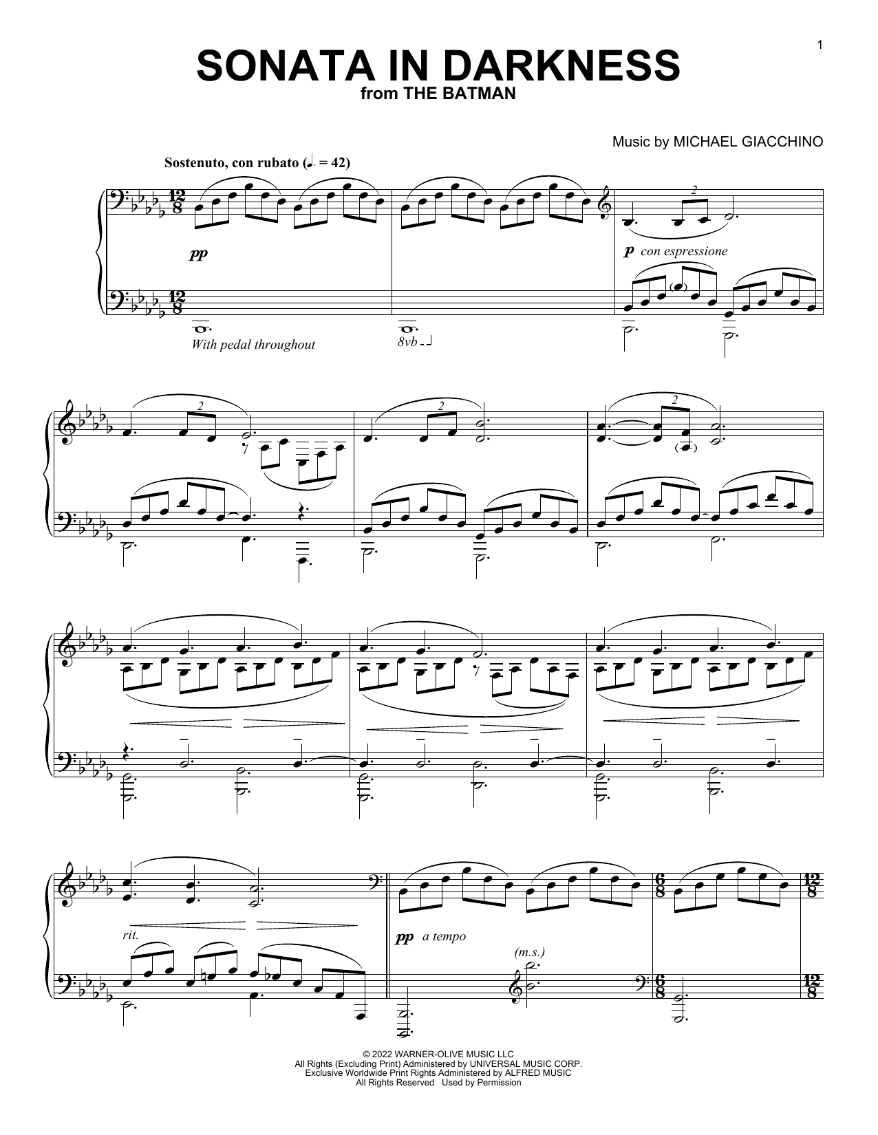 Michael Giacchino Sonata In Darkness (from The Batman) sheet music notes and chords arranged for Piano Solo